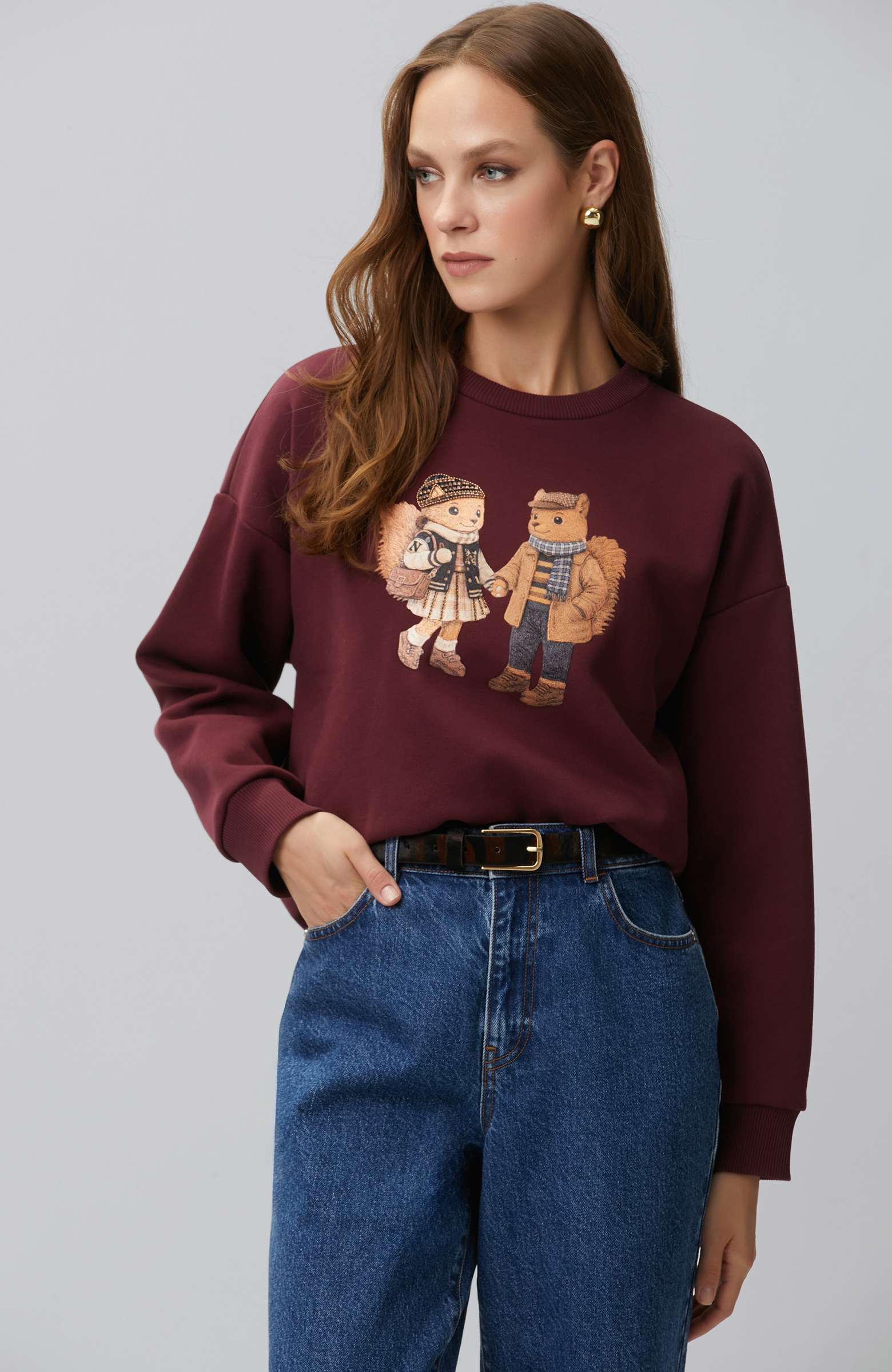 Bordo Sincap Figürlü Baskılı Sweatshirt