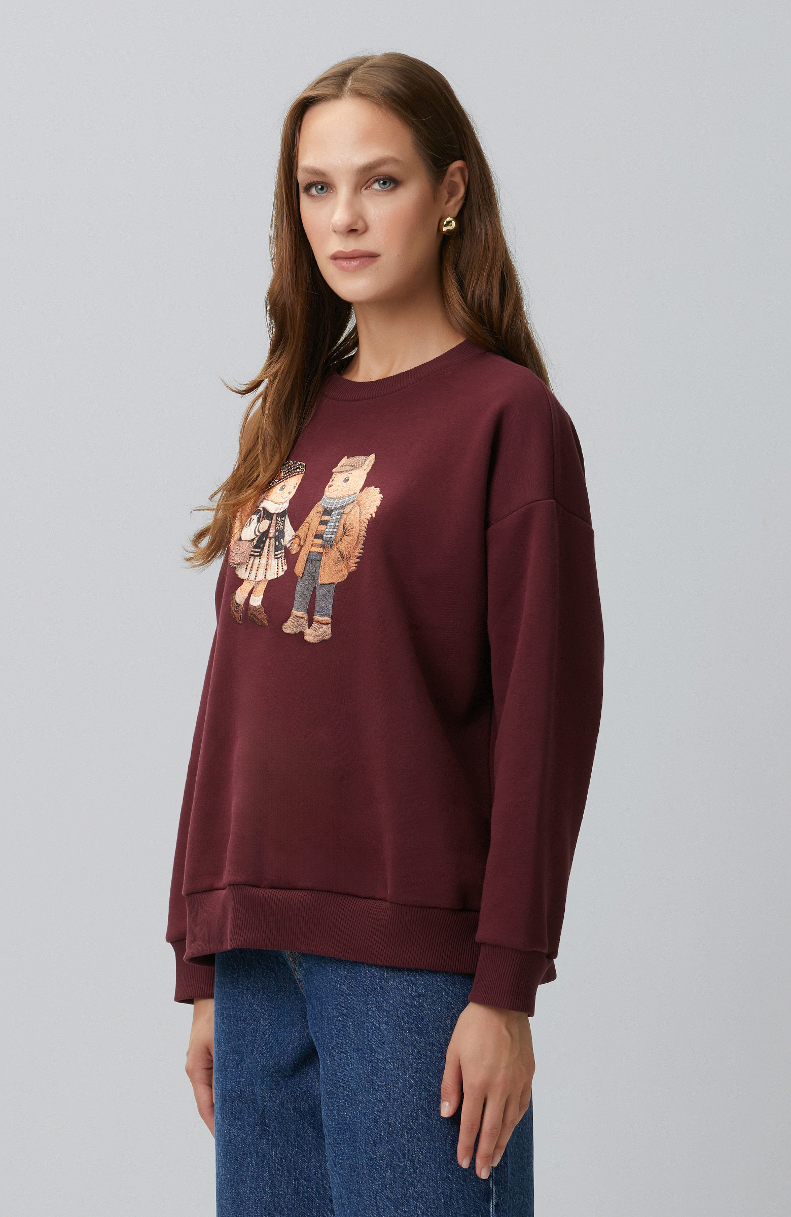 Bordo Sincap Figürlü Baskılı Sweatshirt