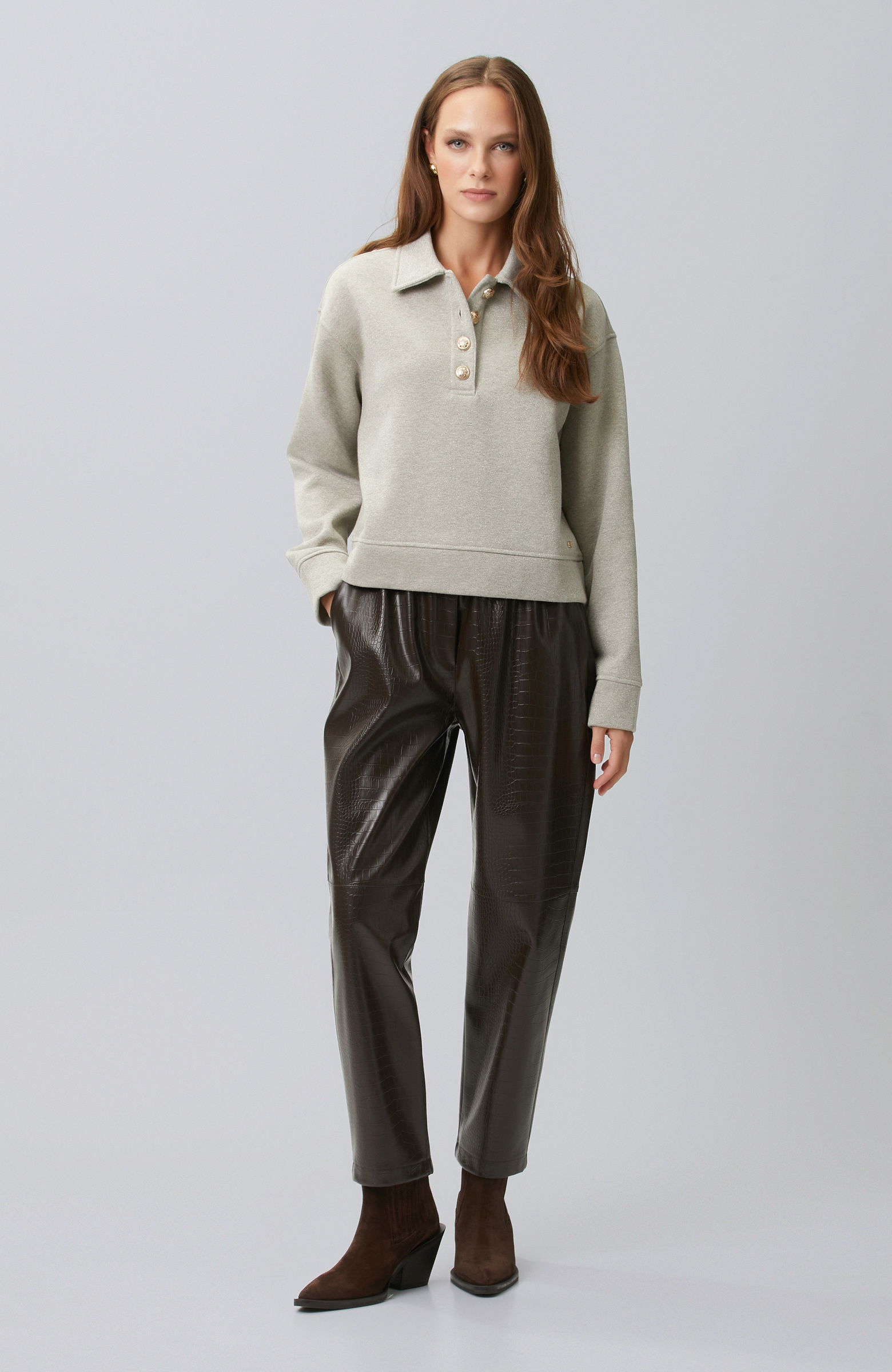 Mink Melange Polo Collar Silvery Sweatshirt