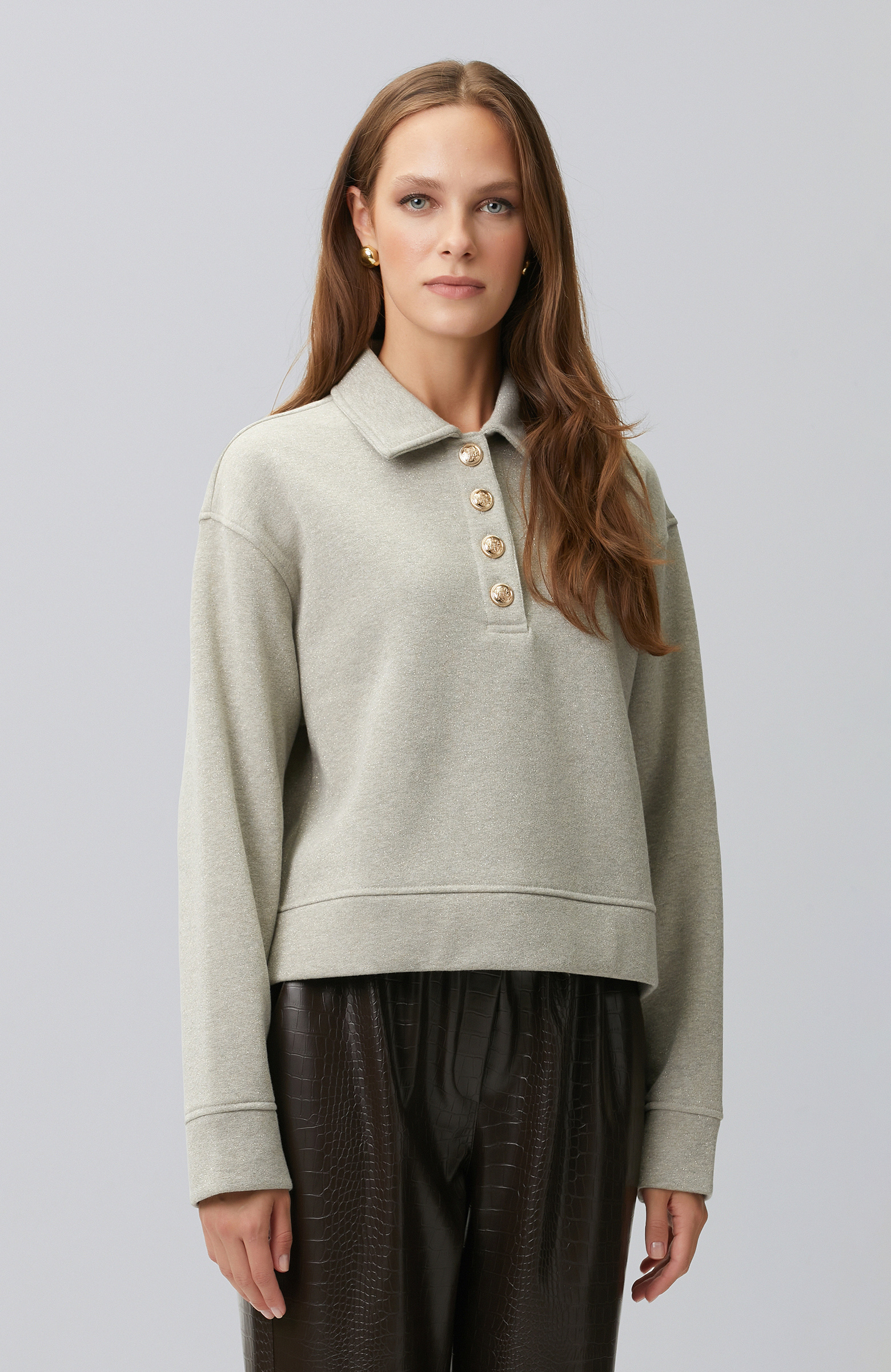Mink Melange Polo Collar Silvery Sweatshirt