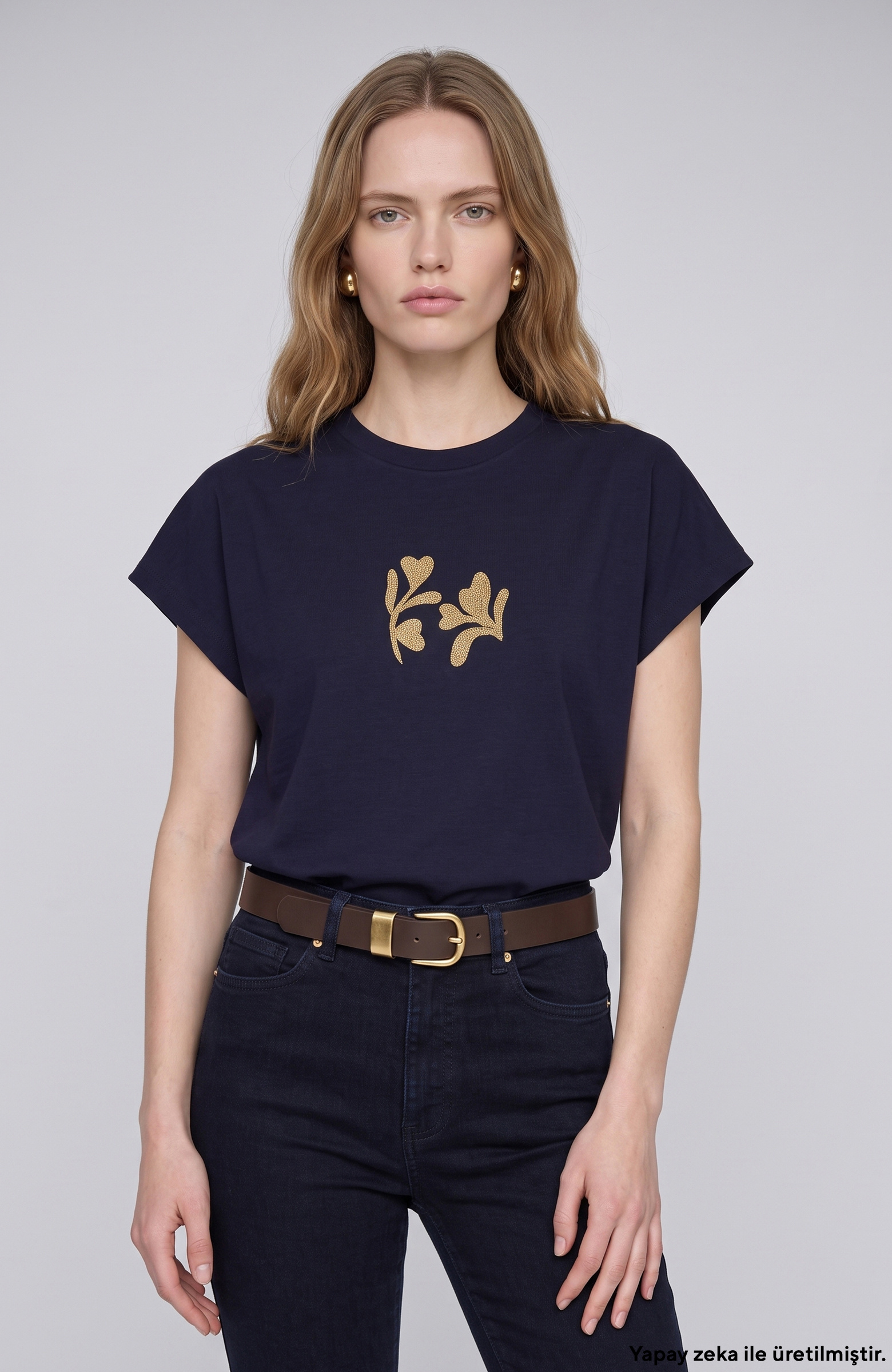 Lacivert Çiçek Taş İşlemeli T-shirt