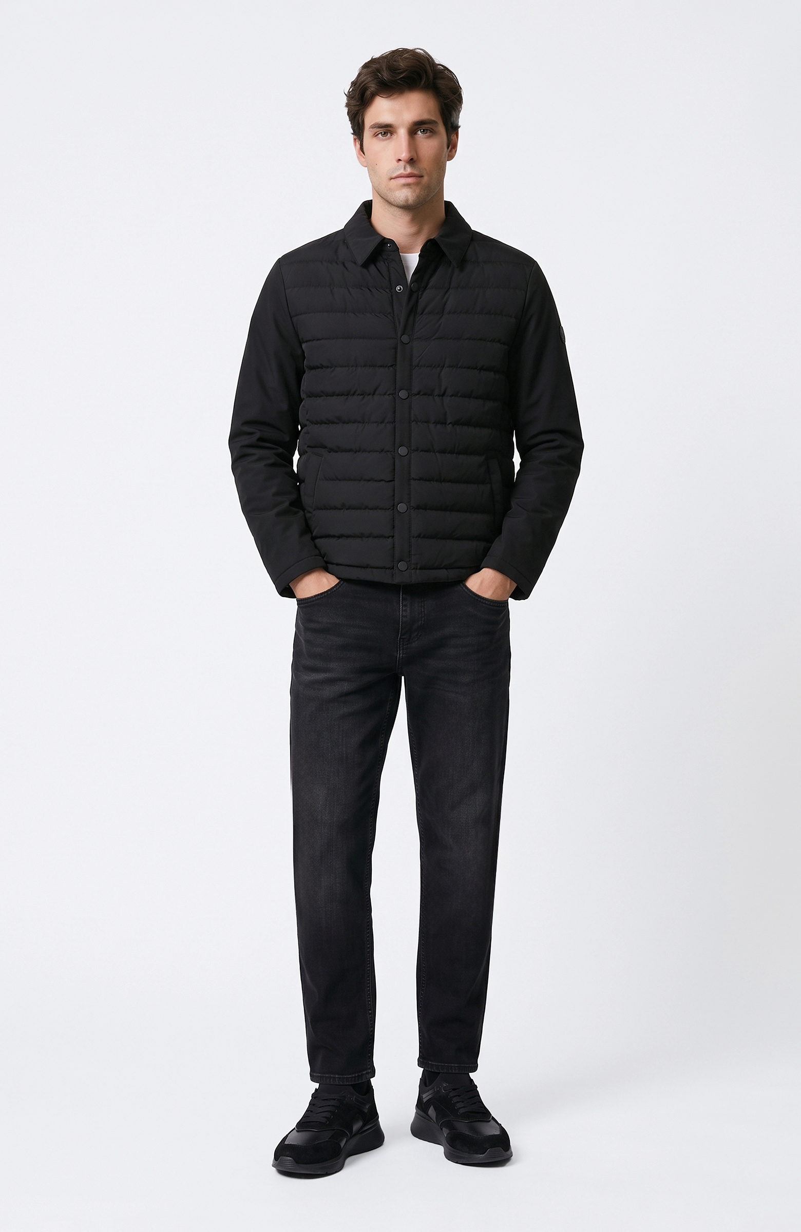 Black Quilted Shirt Collar Coat