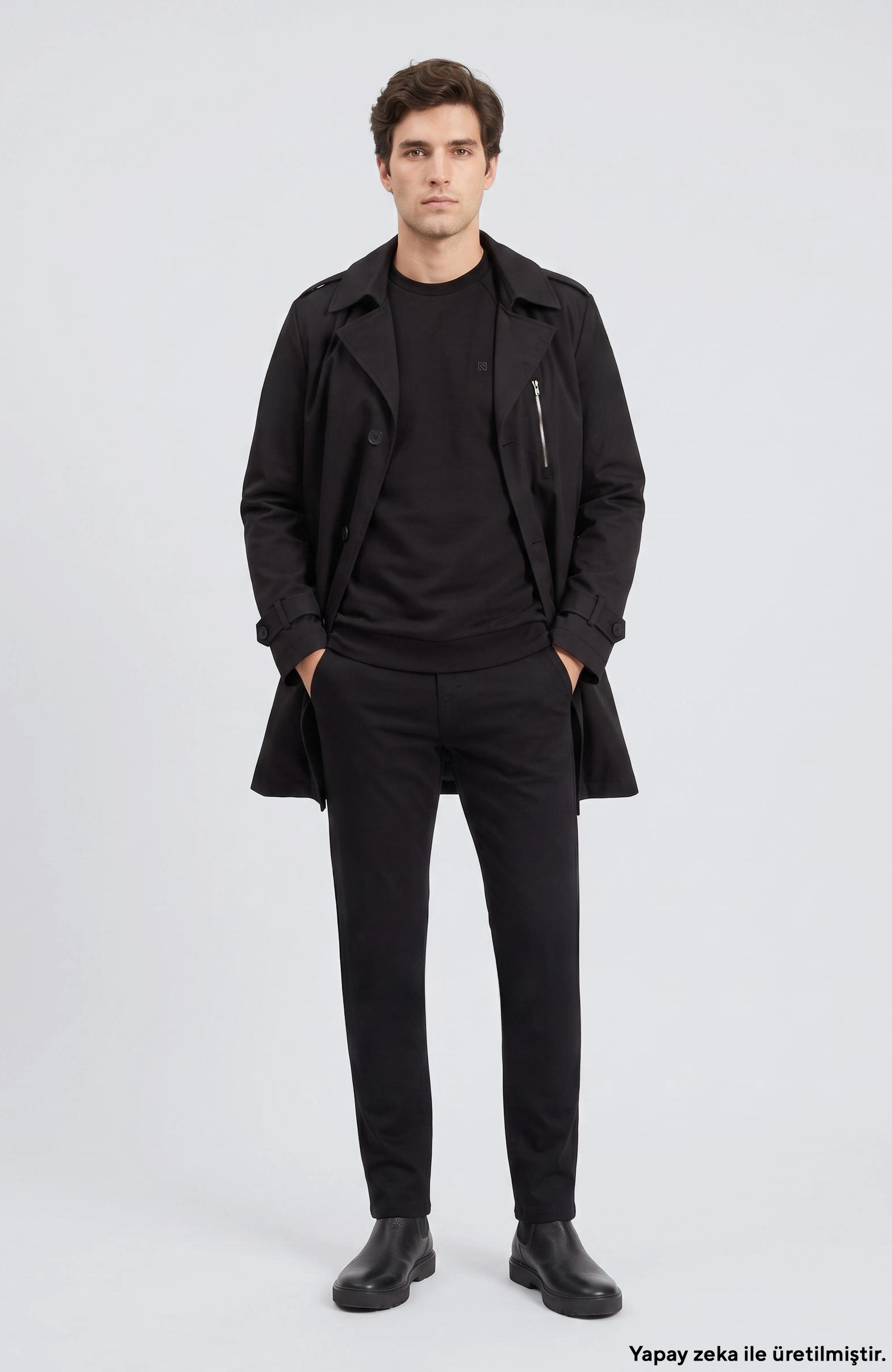 Slim Fit Siyah Mono Kapamalı Kuşaklı Pardösü