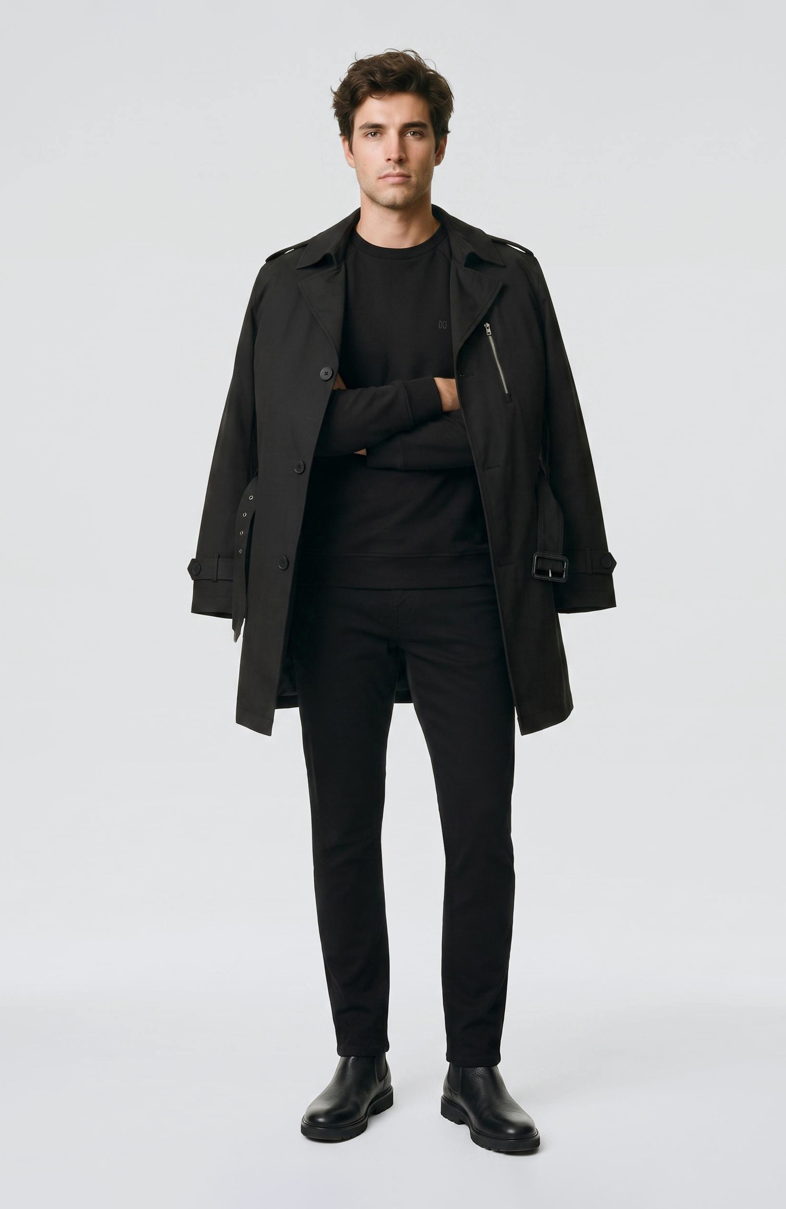 Slim Fit Siyah Mono Kapamalı Kuşaklı Pardösü