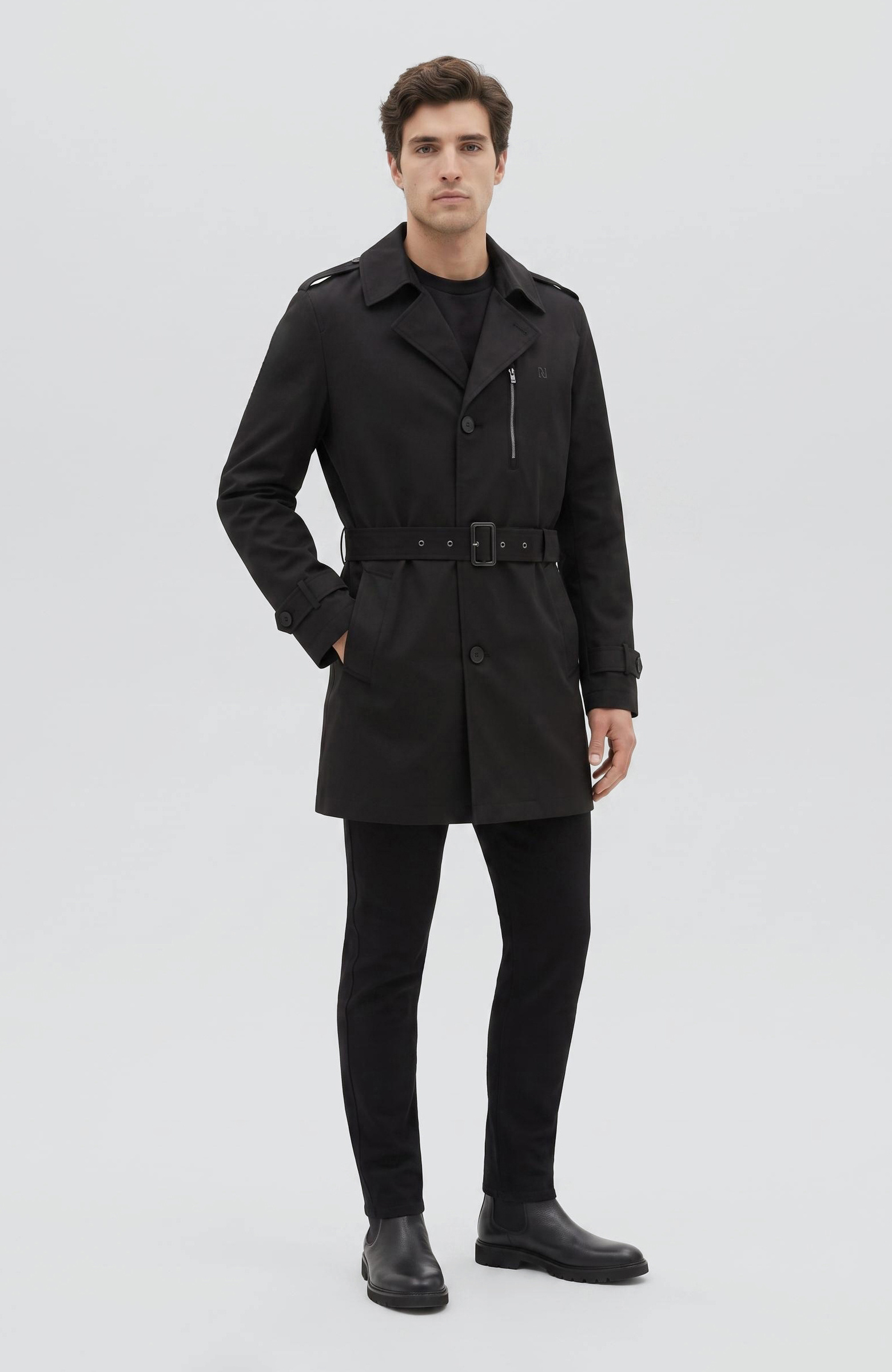Slim Fit Siyah Mono Kapamalı Kuşaklı Pardösü