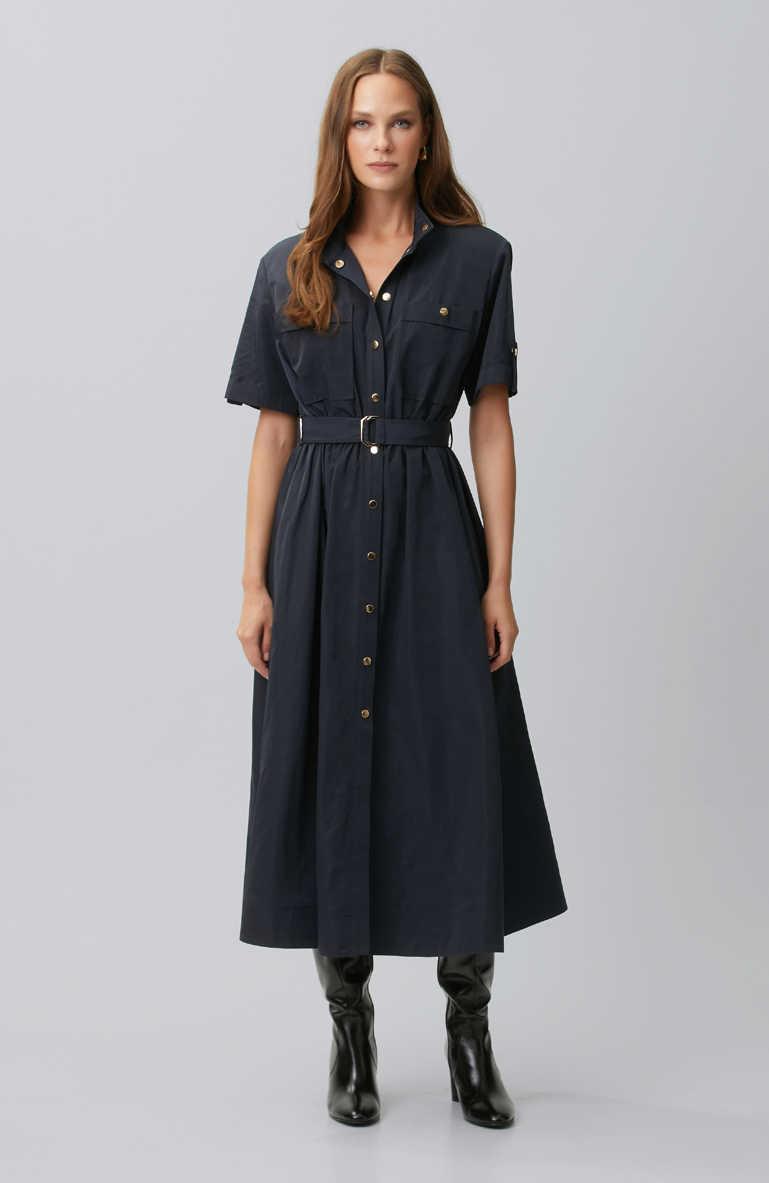 Lacivert Midi Tafta Elbise