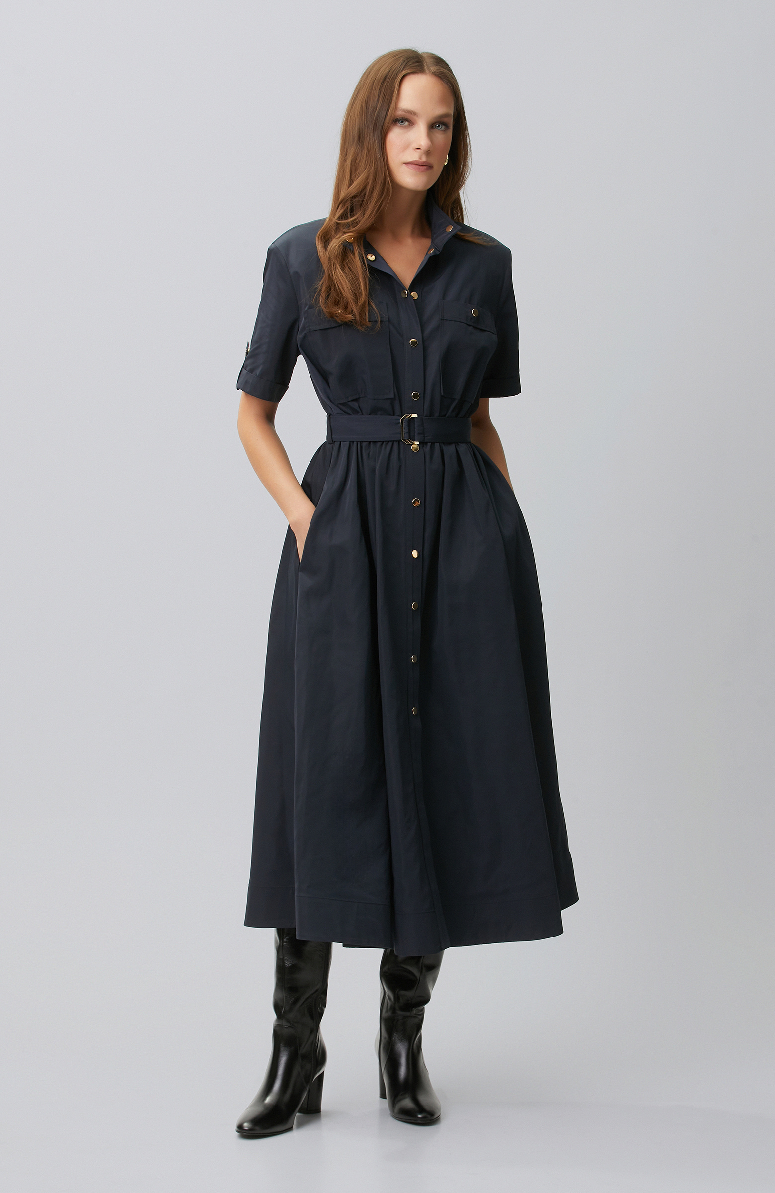 Lacivert Midi Tafta Elbise