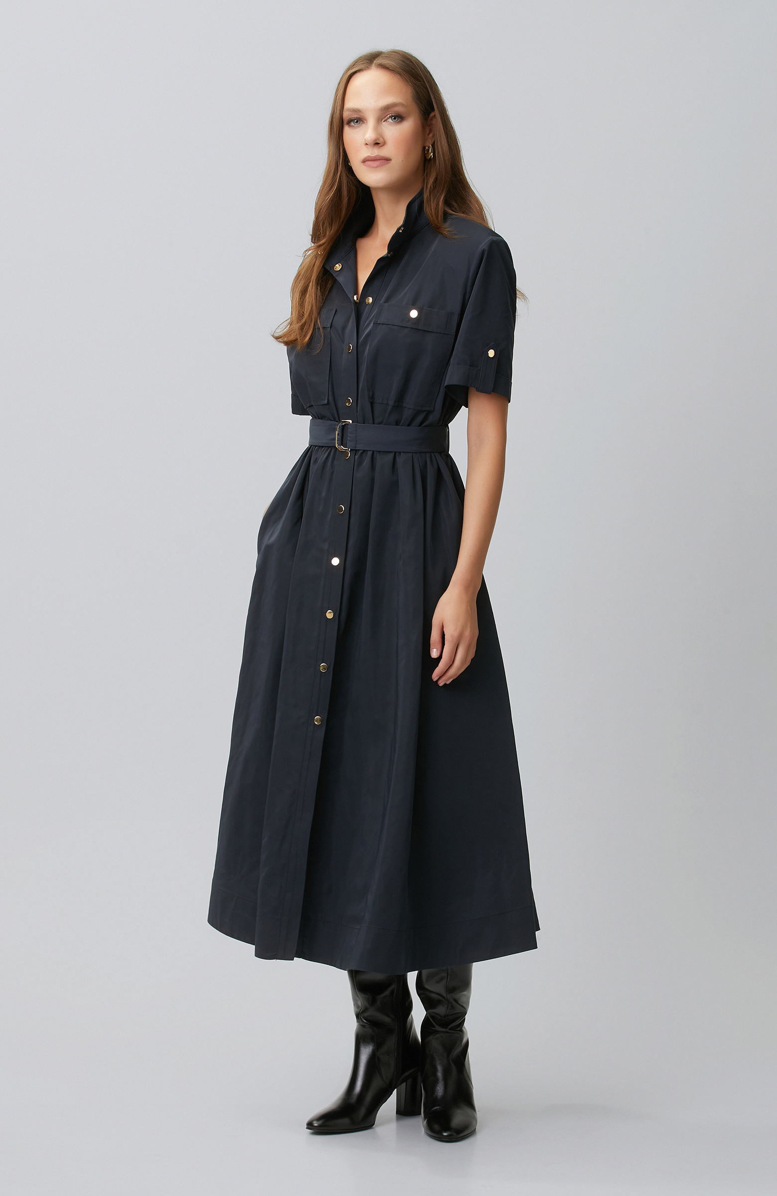Lacivert Midi Tafta Elbise
