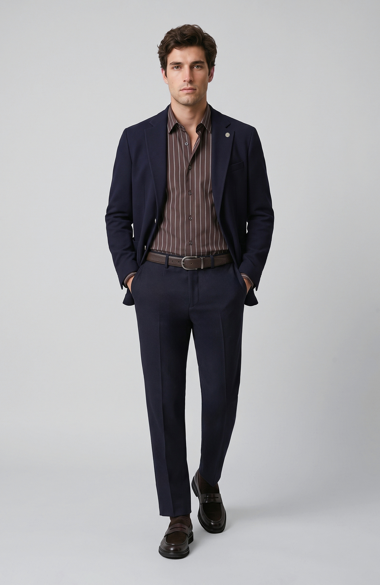 Slim Fit Lacivert Diyagonal Desen Yün Mix Ceket