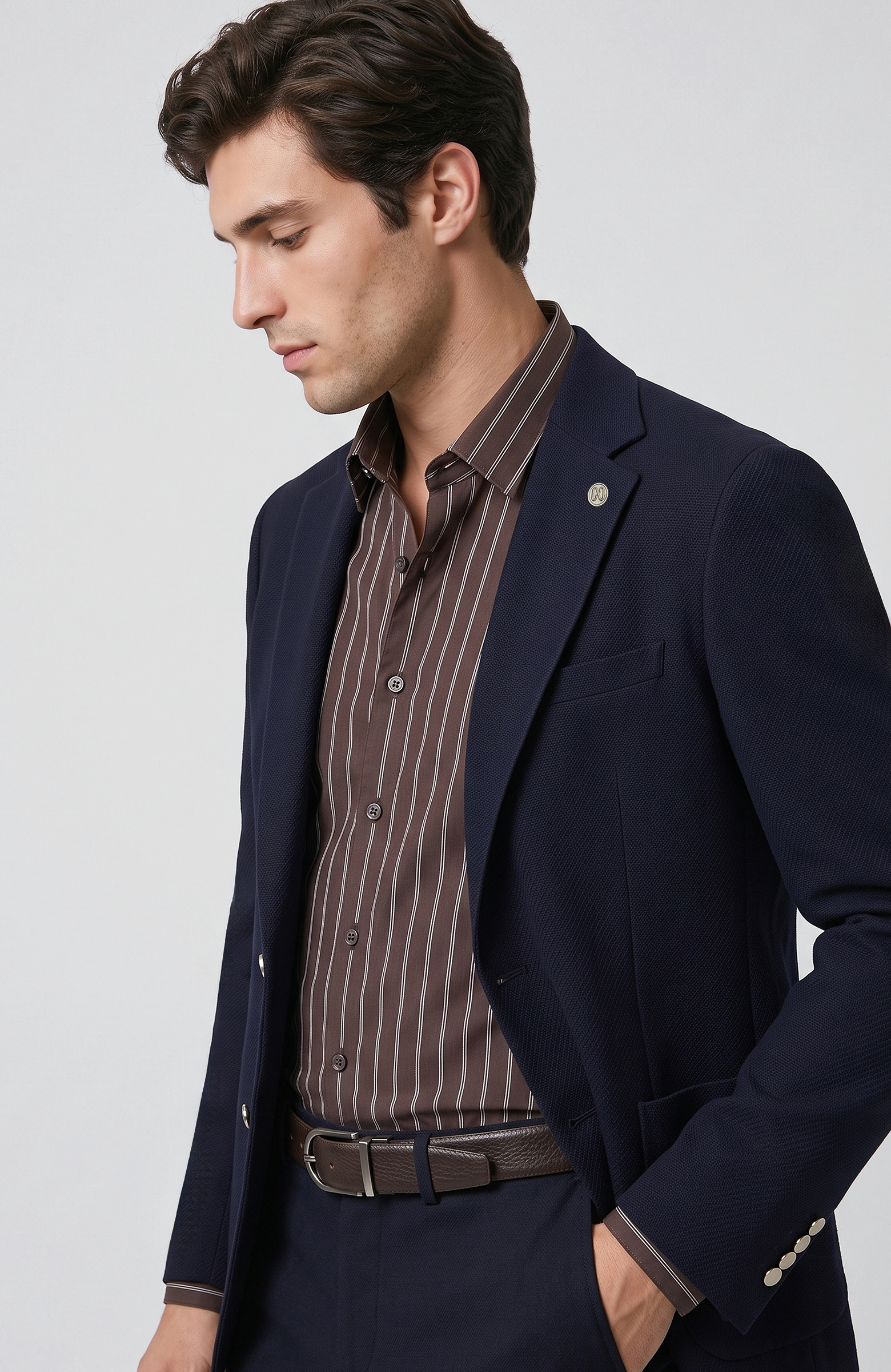 Slim Fit Lacivert Diyagonal Desen Yün Mix Ceket