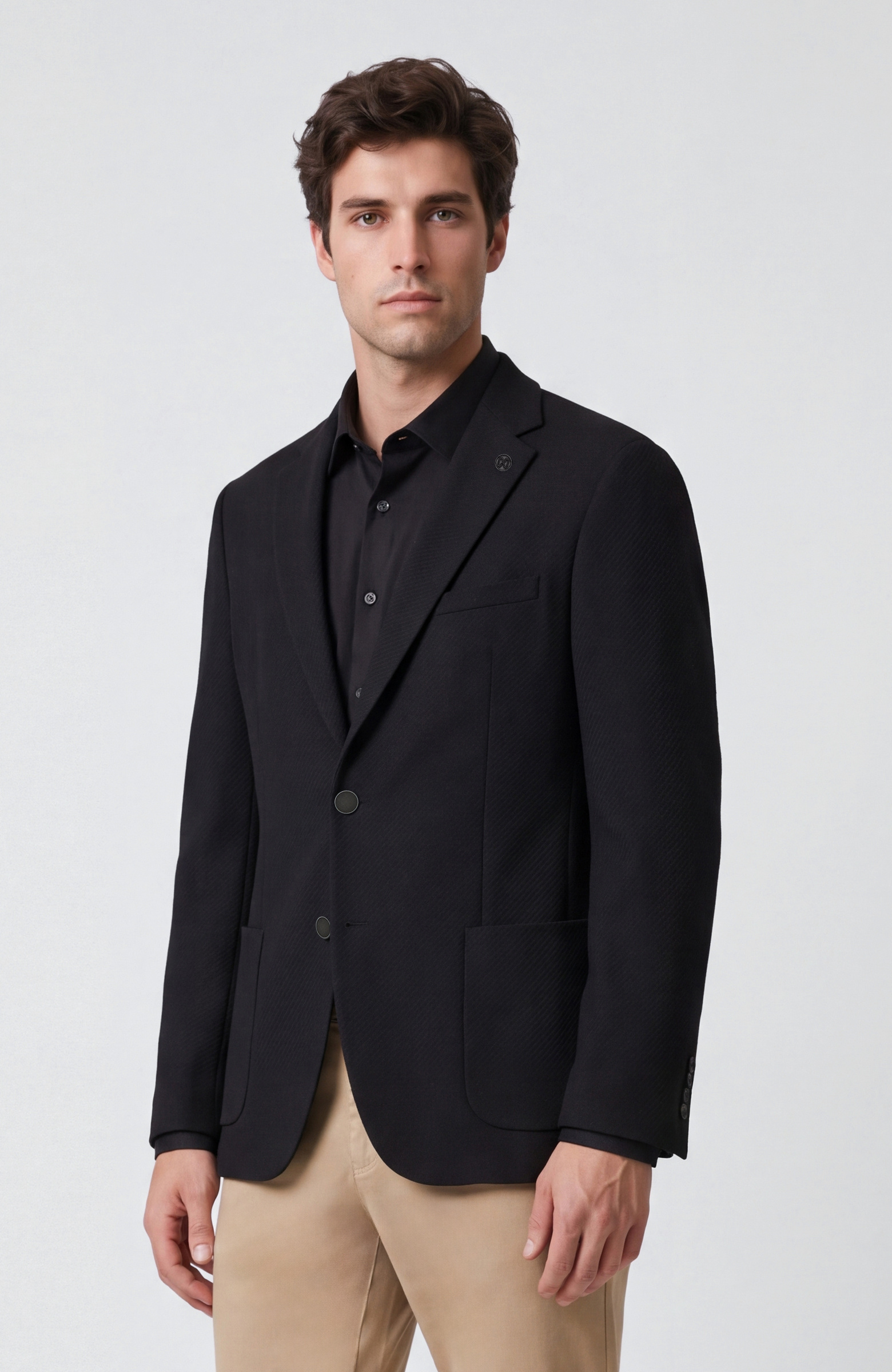 Slim Fit Siyah Diyagonal Desen Yün Mix Ceket