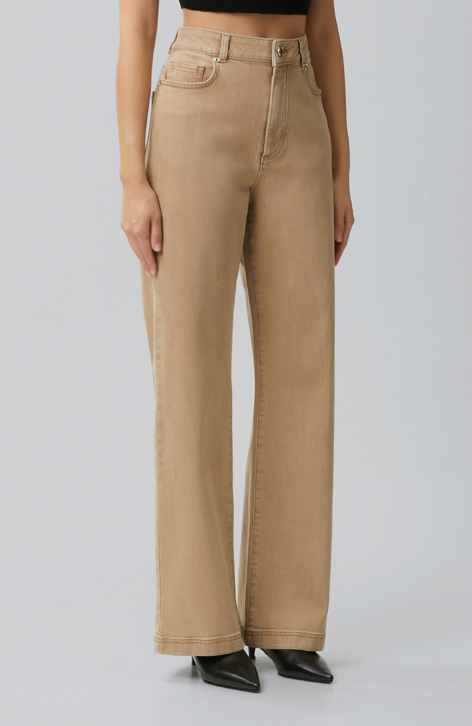 Bej Wide Leg Denim Pantolon