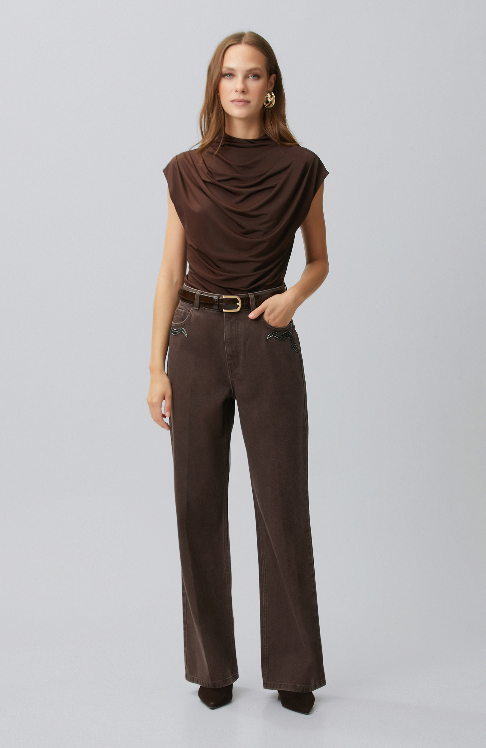 Kahverengi Wide Leg Taş Baskılı Denim Pantolon