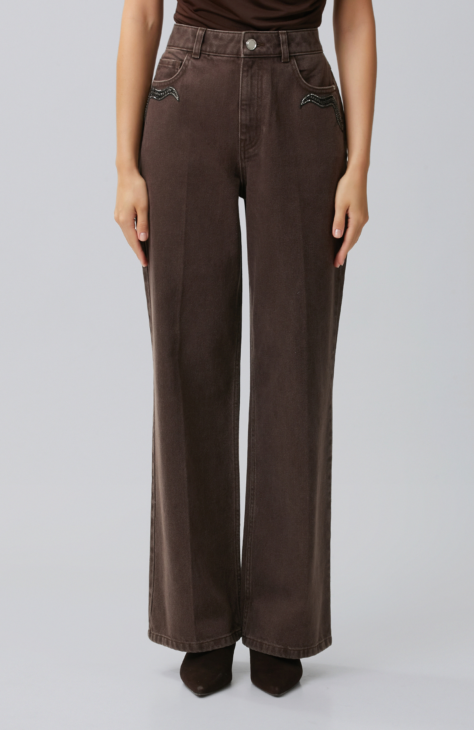 Kahverengi Wide Leg Taş Baskılı Denim Pantolon