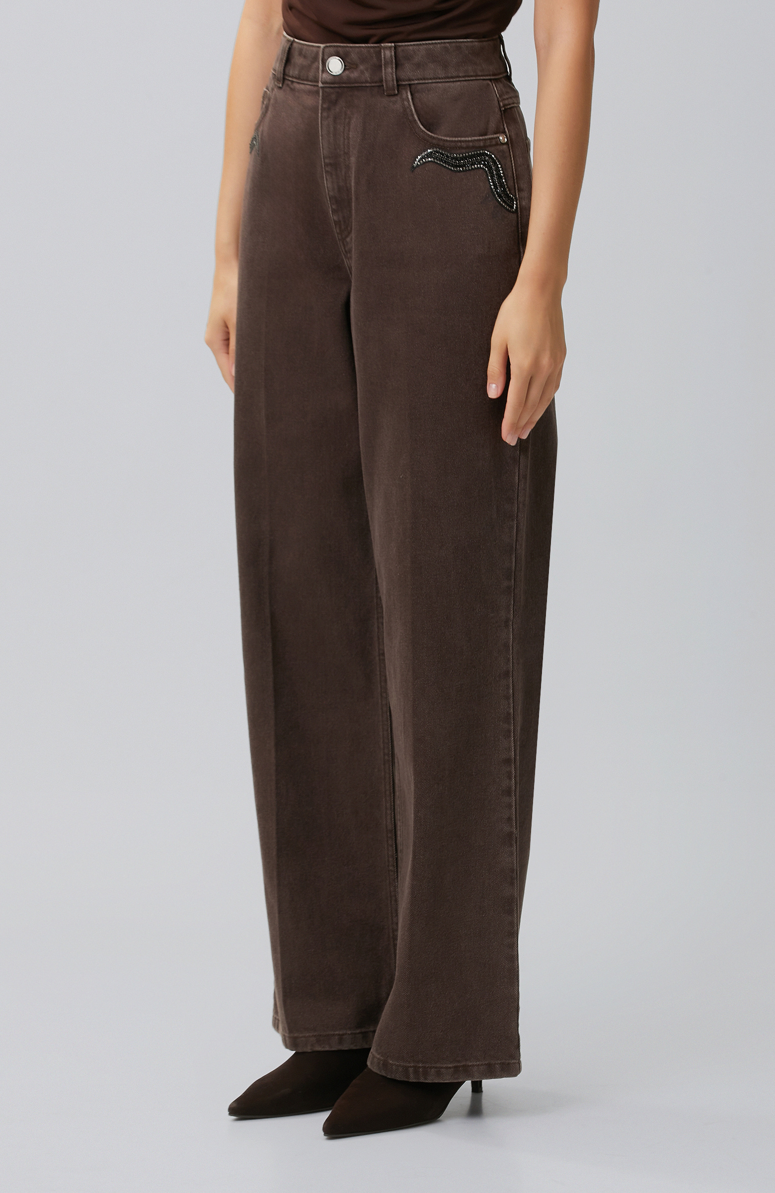 Kahverengi Wide Leg Taş Baskılı Denim Pantolon