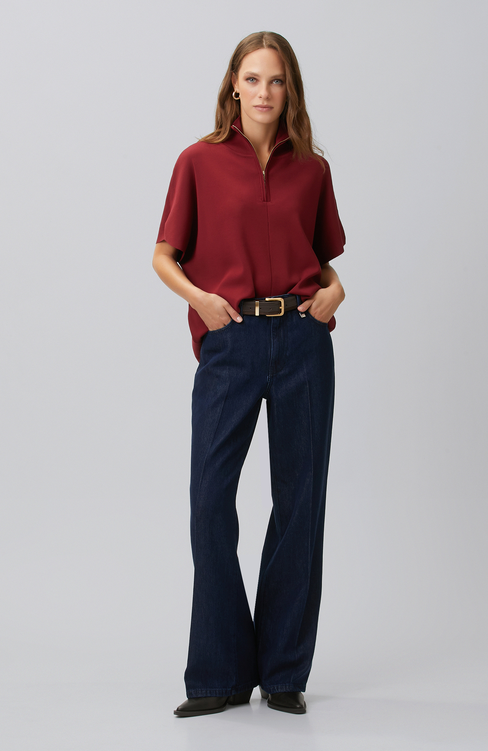Indigo Mid Waist Wide Leg Ütü İzli Denim Pantolon