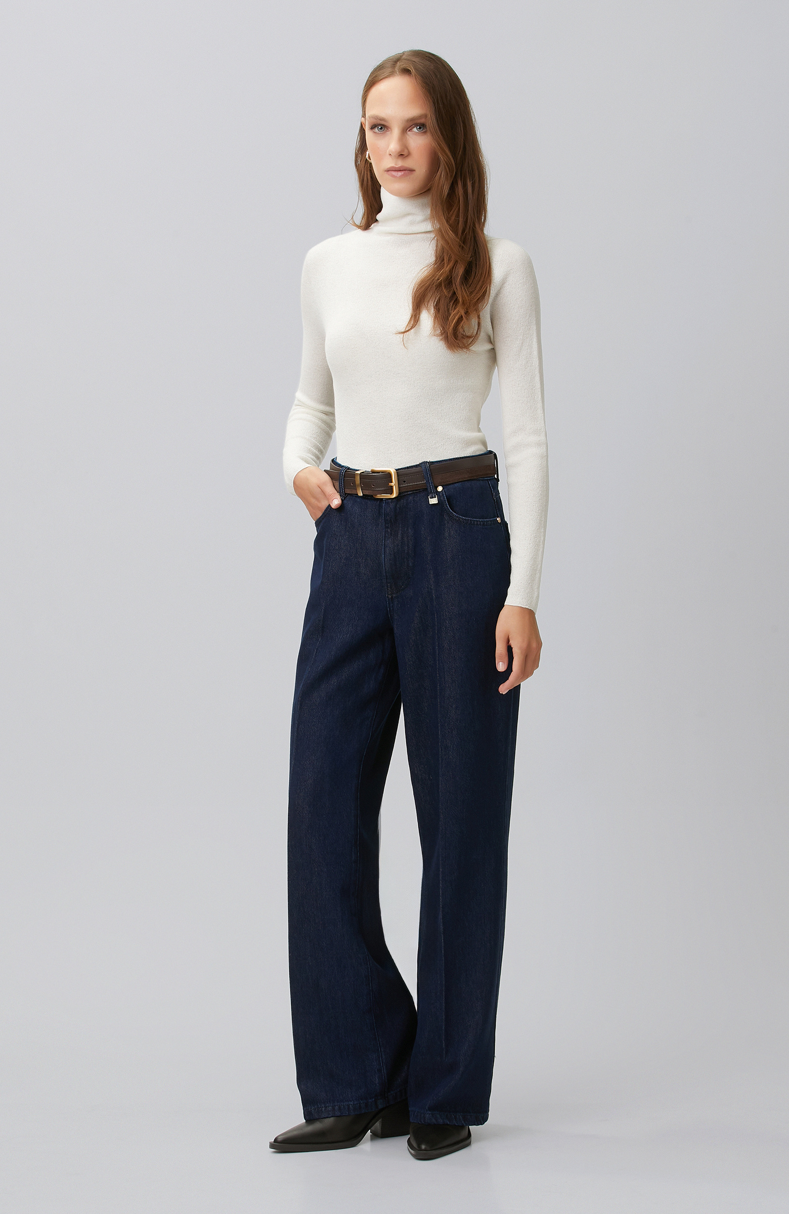 Indigo Mid Waist Wide Leg Ütü İzli Denim Pantolon