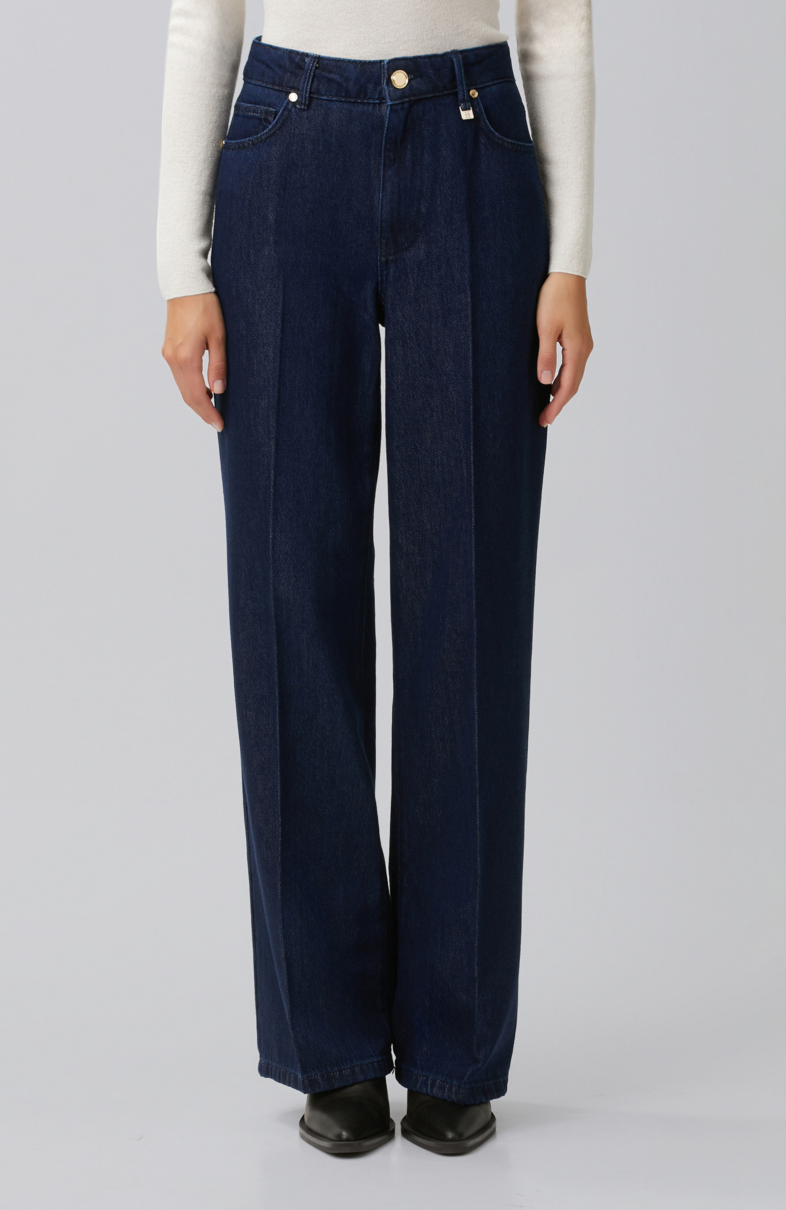 Indigo Mid Waist Wide Leg Ütü İzli Denim Pantolon