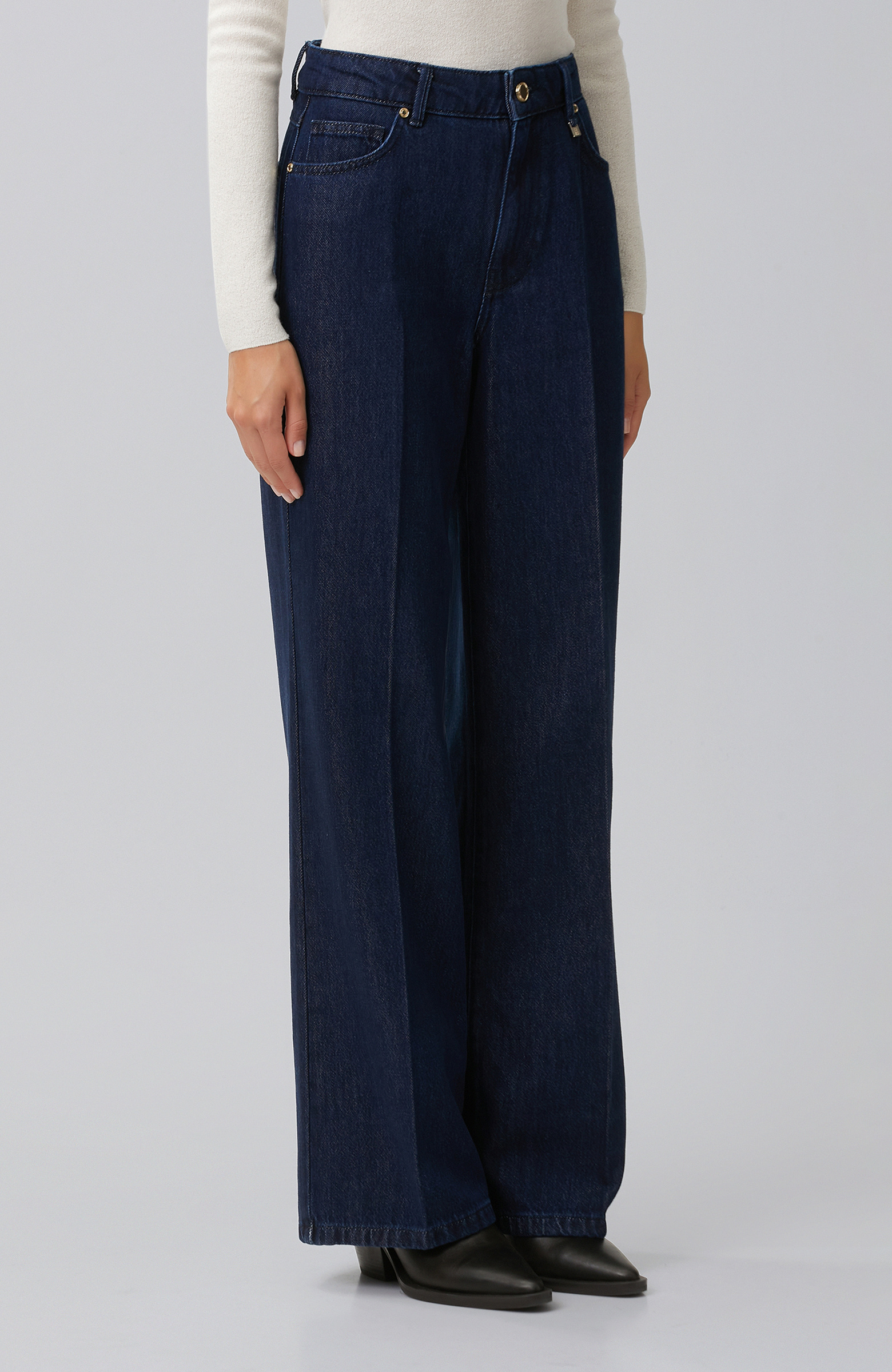 Indigo Mid Waist Wide Leg Ütü İzli Denim Pantolon