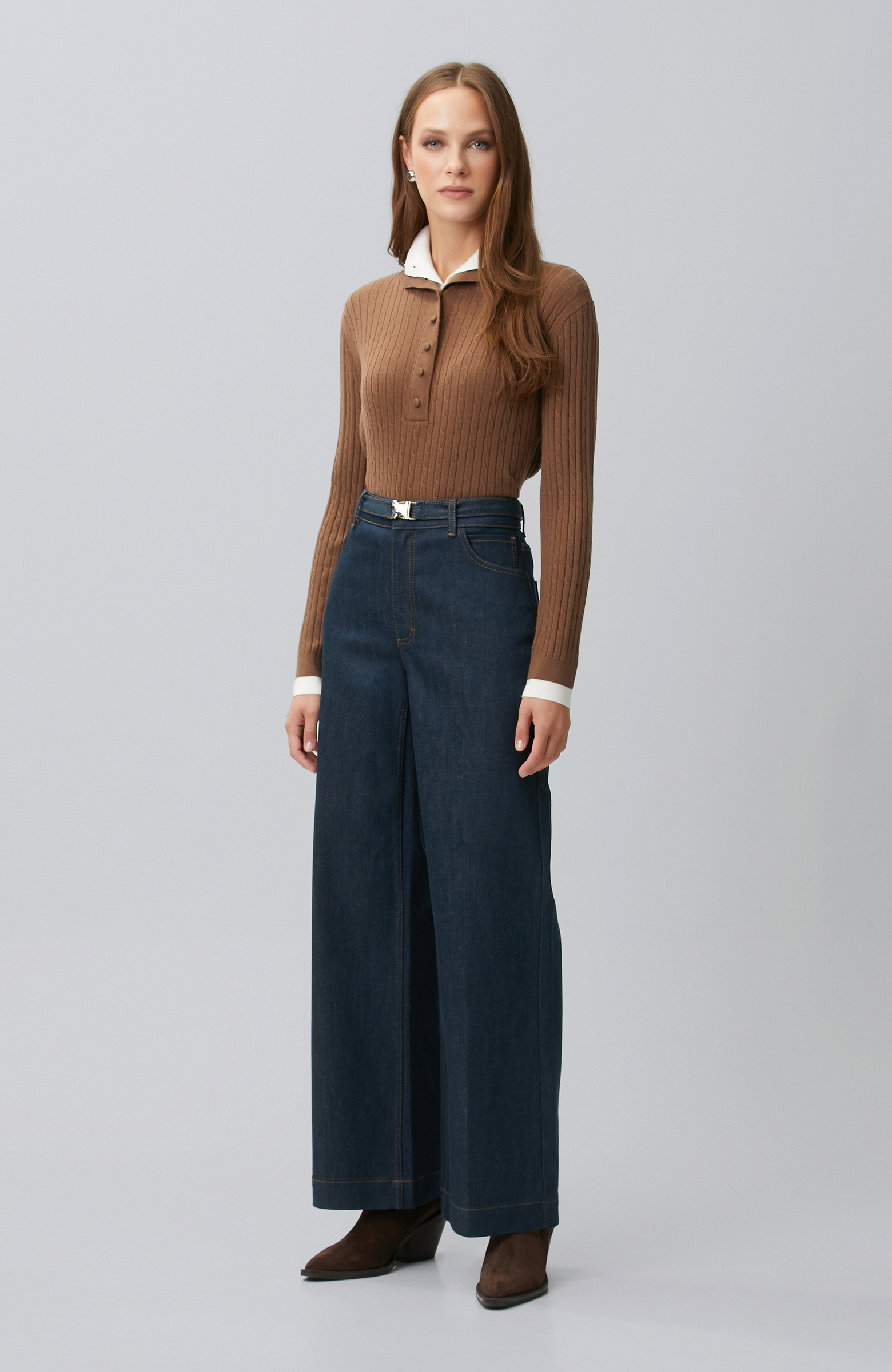 Indigo Mavi Bel Toka Detaylı Denim Pantolon