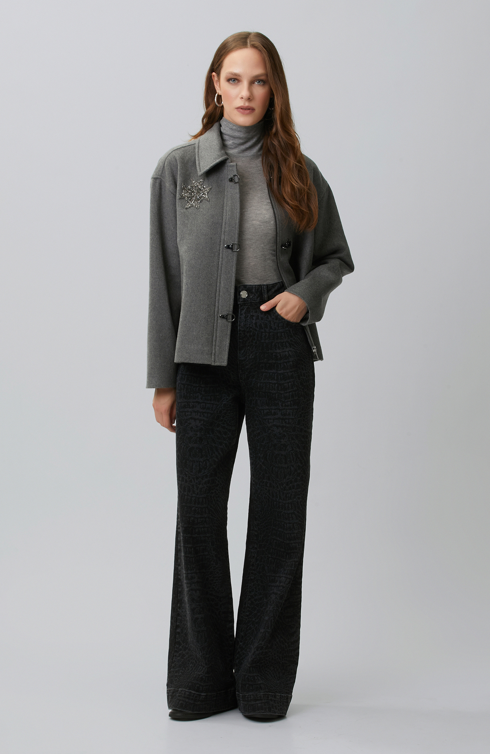 Siyah Wide Leg Croco Desen Denim Pantolon