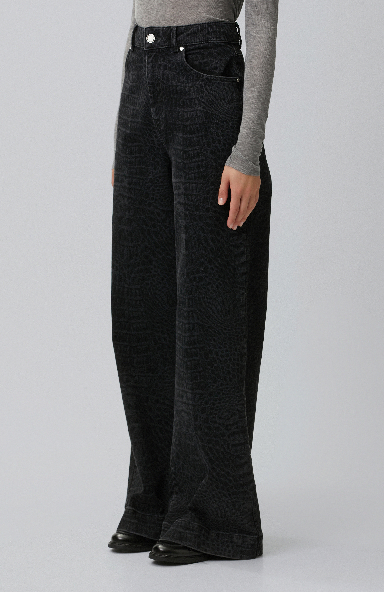 Siyah Wide Leg Croco Desen Denim Pantolon