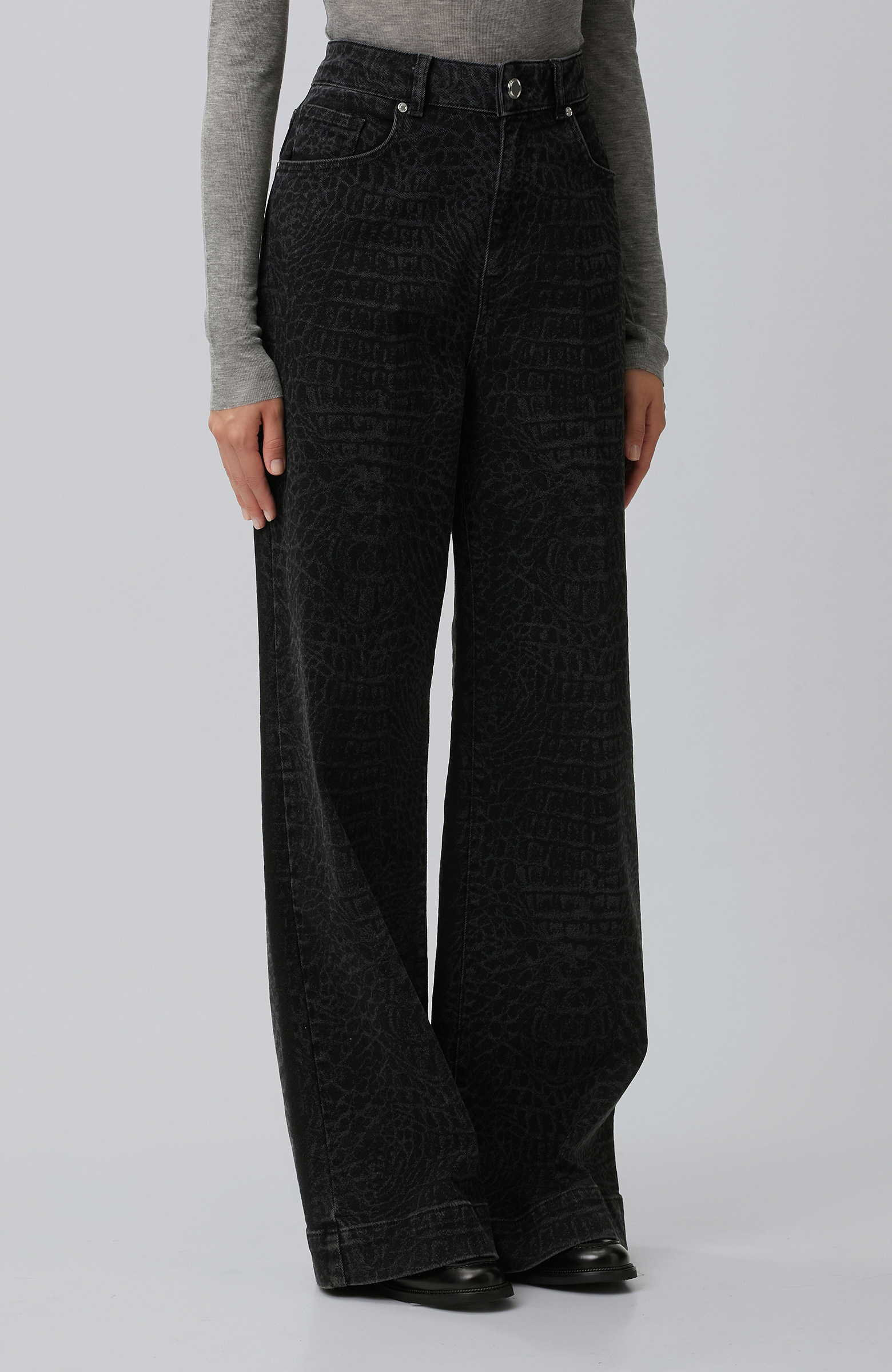 Siyah Wide Leg Croco Desen Denim Pantolon