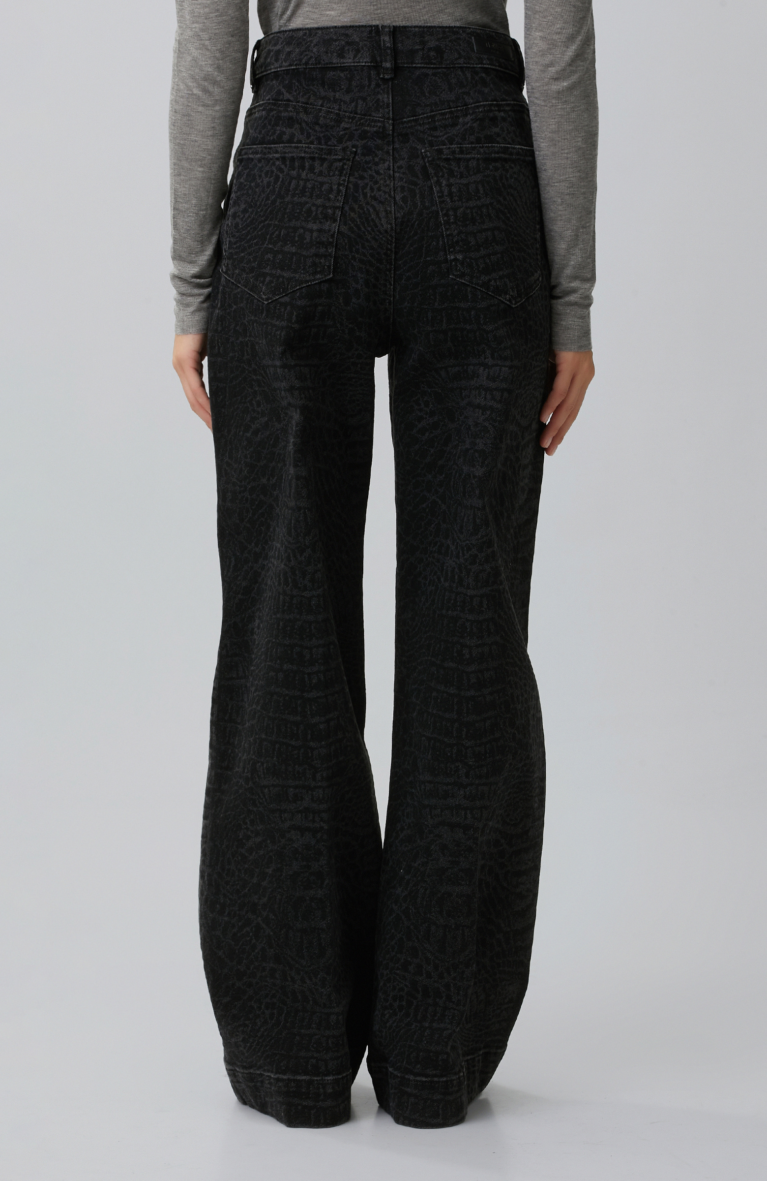 Siyah Wide Leg Croco Desen Denim Pantolon