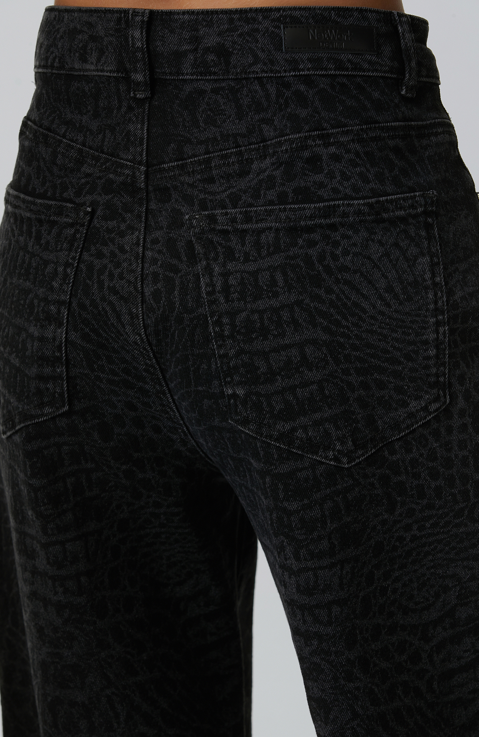 Siyah Wide Leg Croco Desen Denim Pantolon