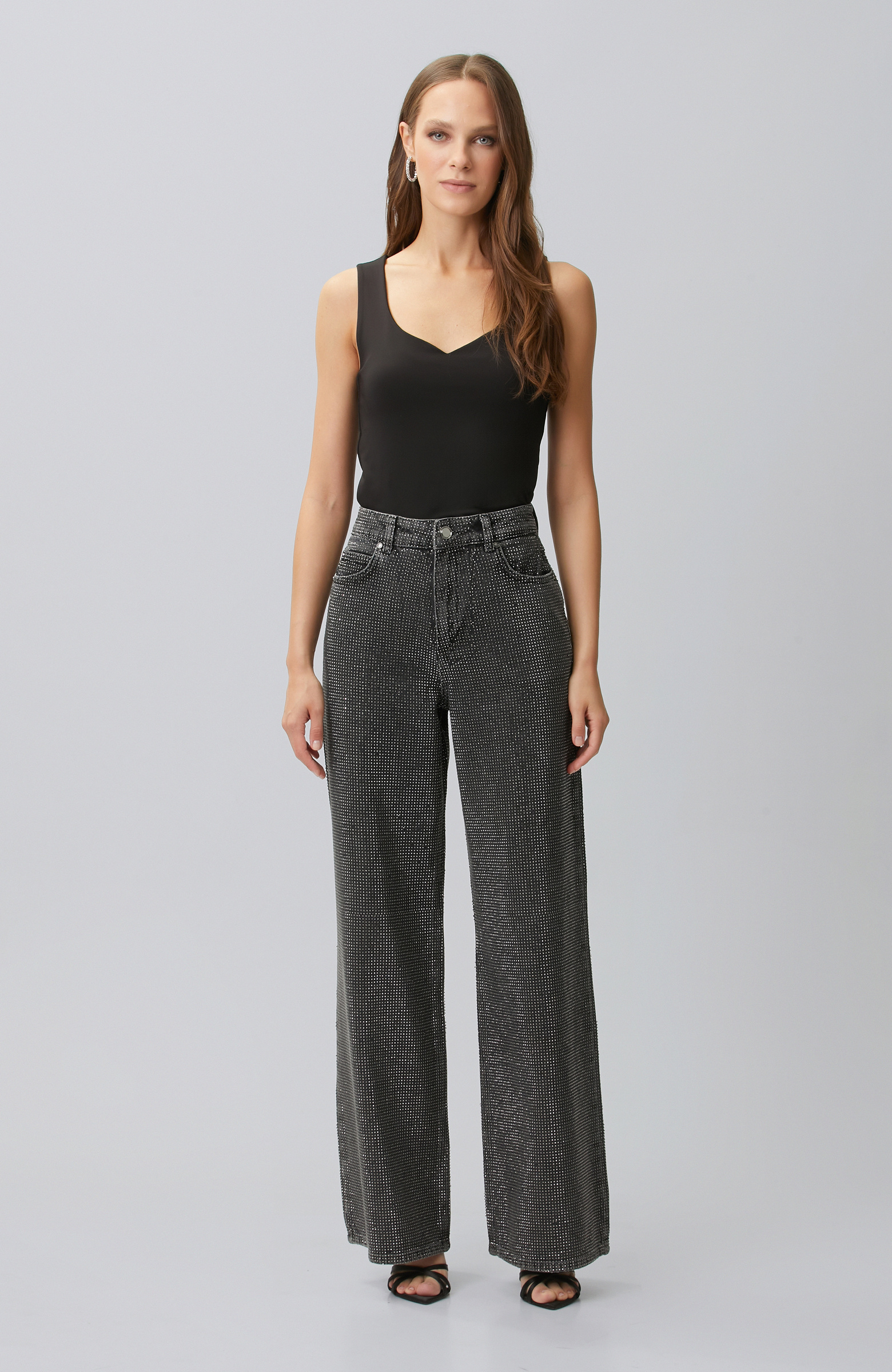 Antrasit Wide Leg Baskılı Denim Pantolon