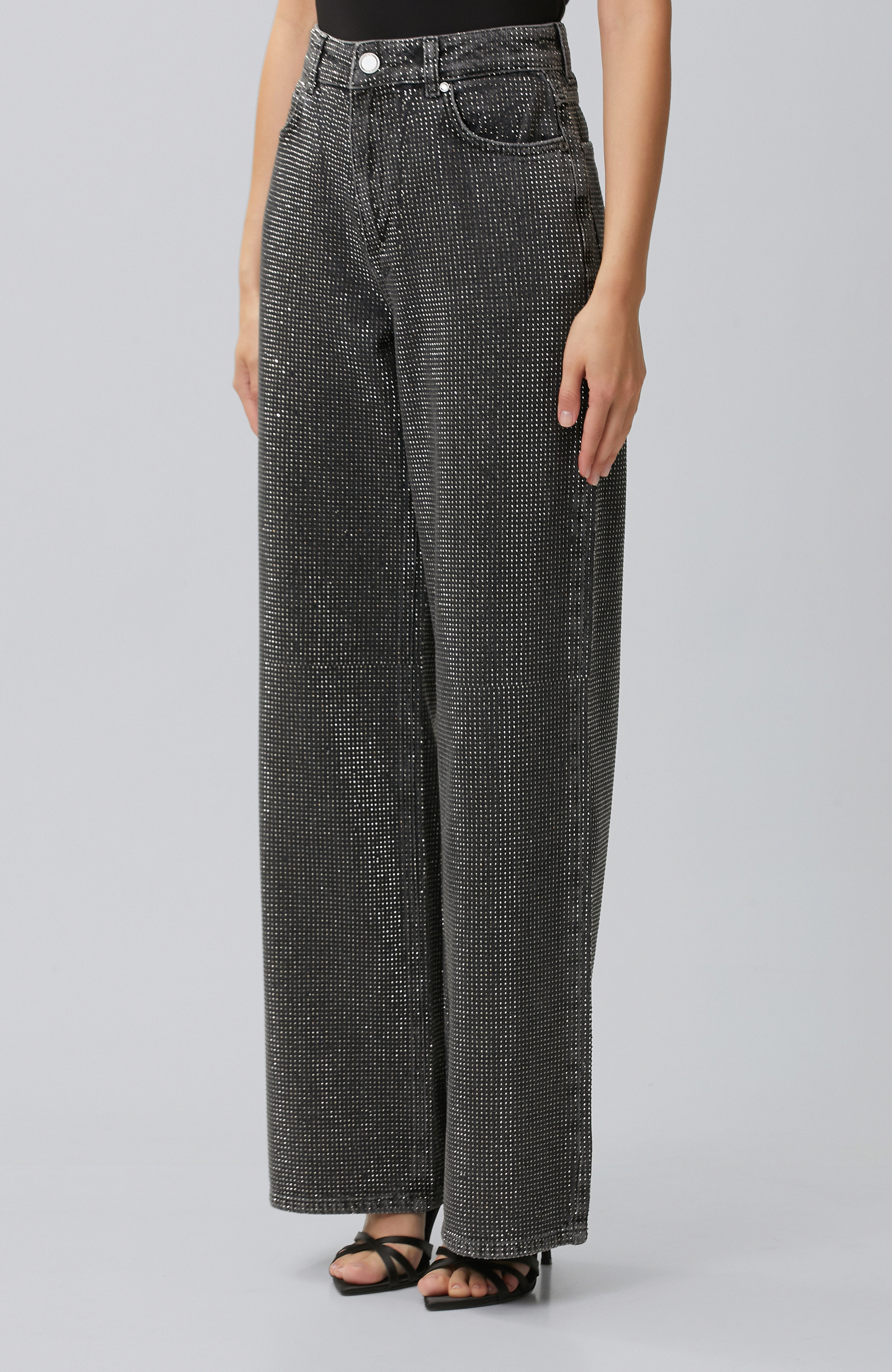 Antrasit Wide Leg Baskılı Denim Pantolon