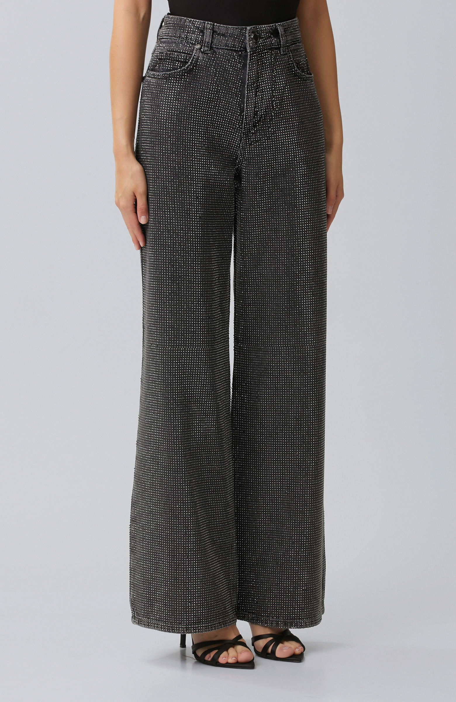 Antrasit Wide Leg Baskılı Denim Pantolon