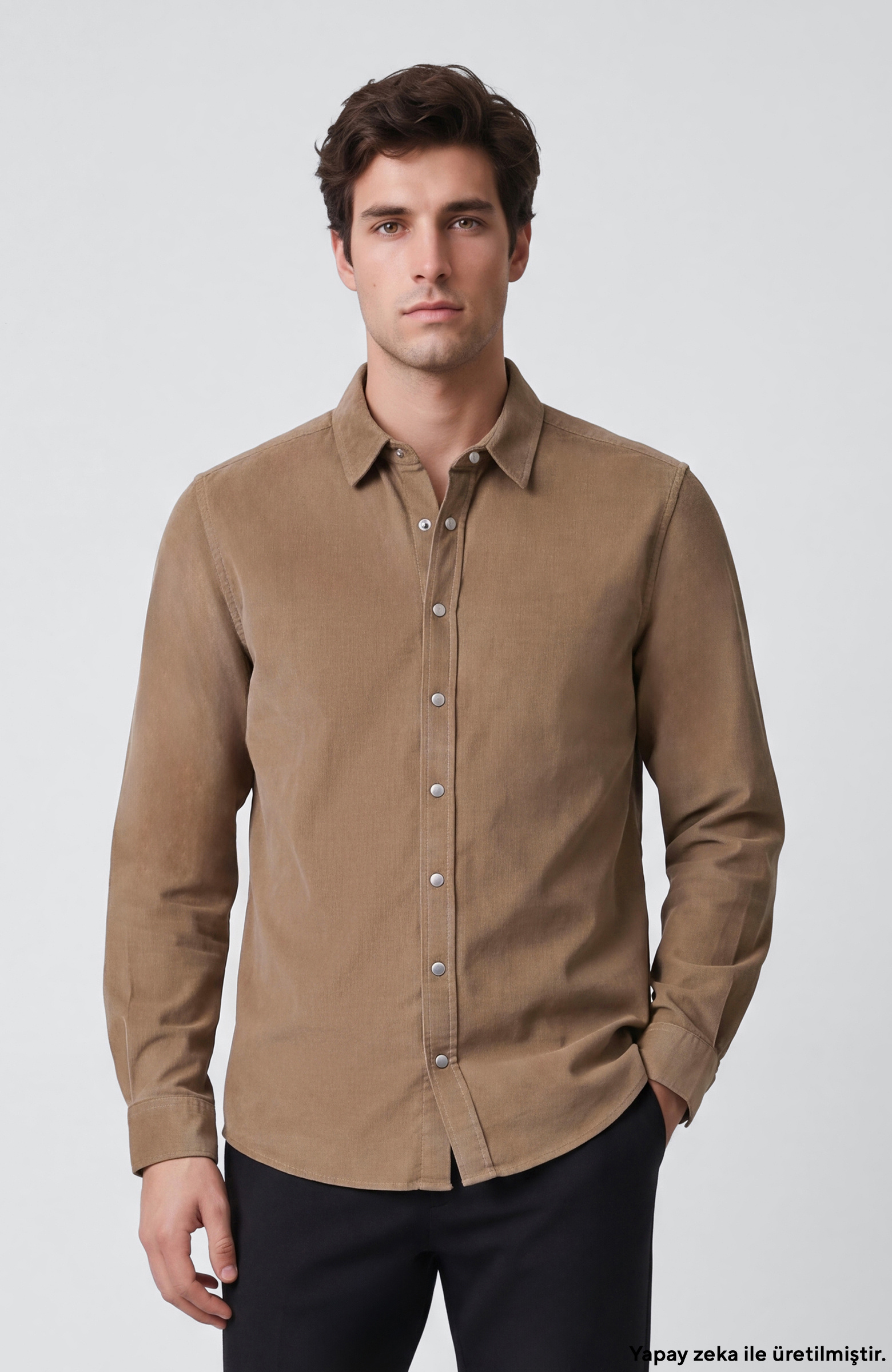 Slim Fit Vizon Pamuklu Fitilli Kadife Gömlek