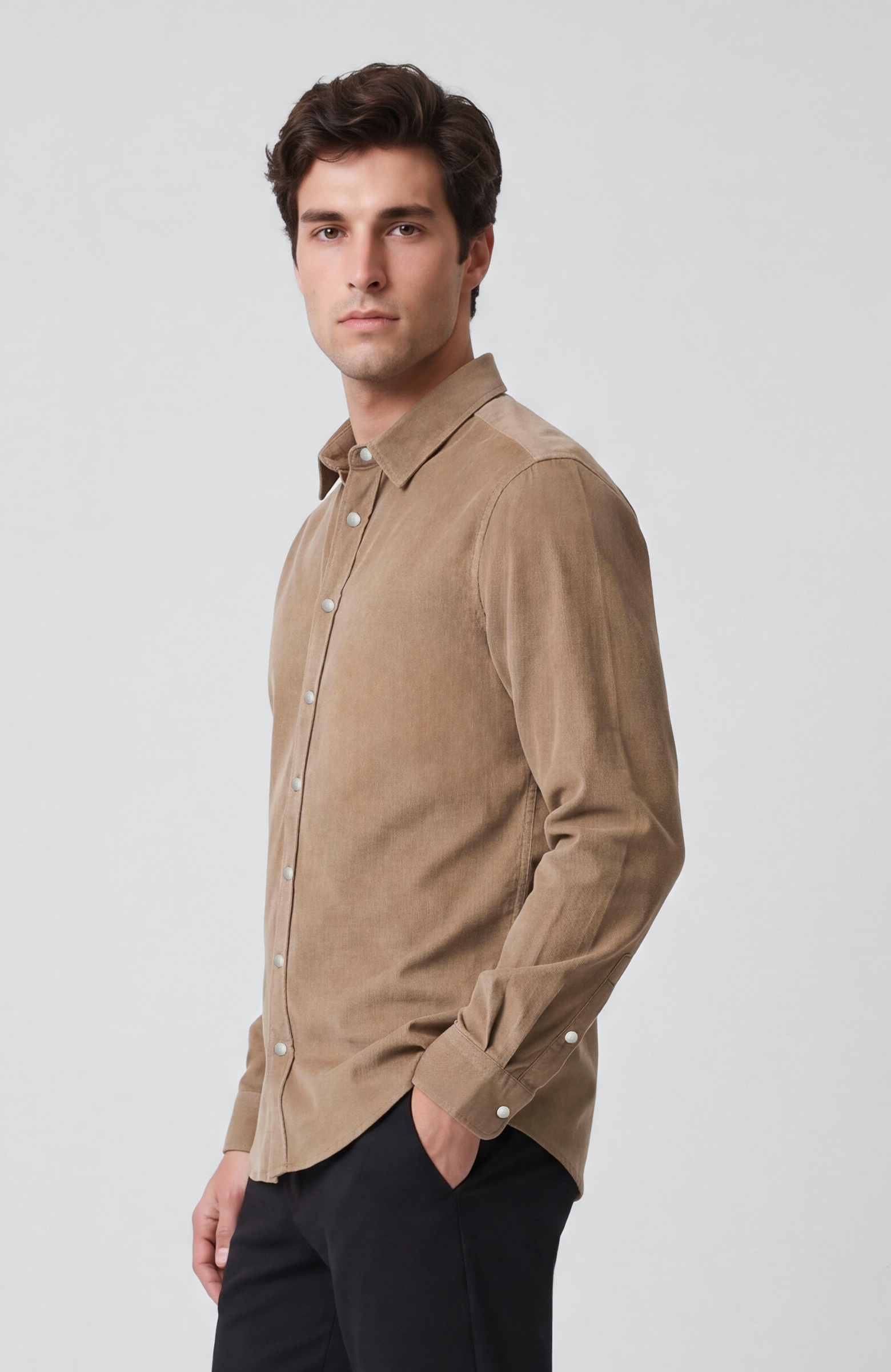Slim Fit Vizon Pamuklu Fitilli Kadife Gömlek