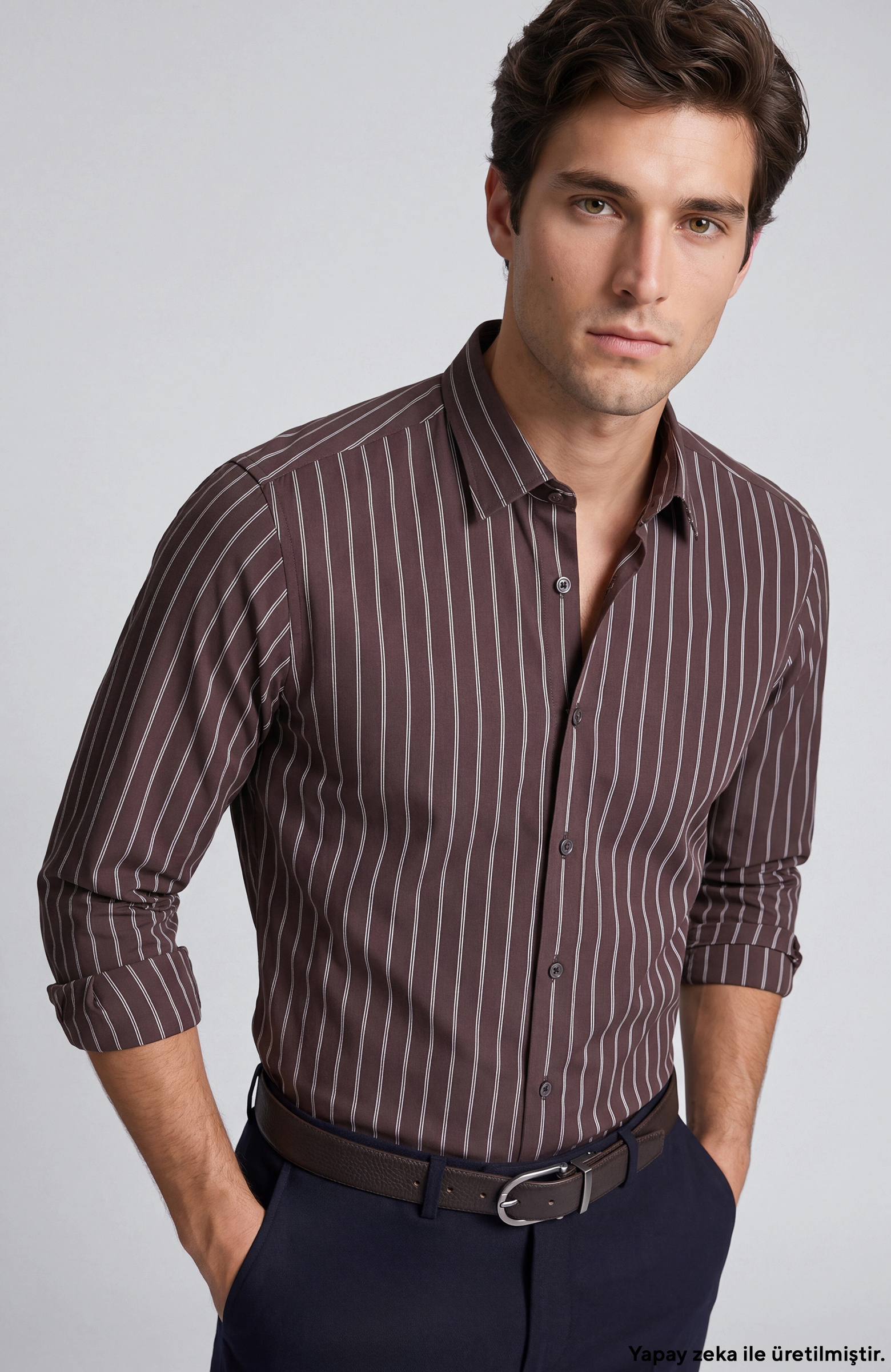 Slim Fit Acı Kahve Çizgili Gömlek