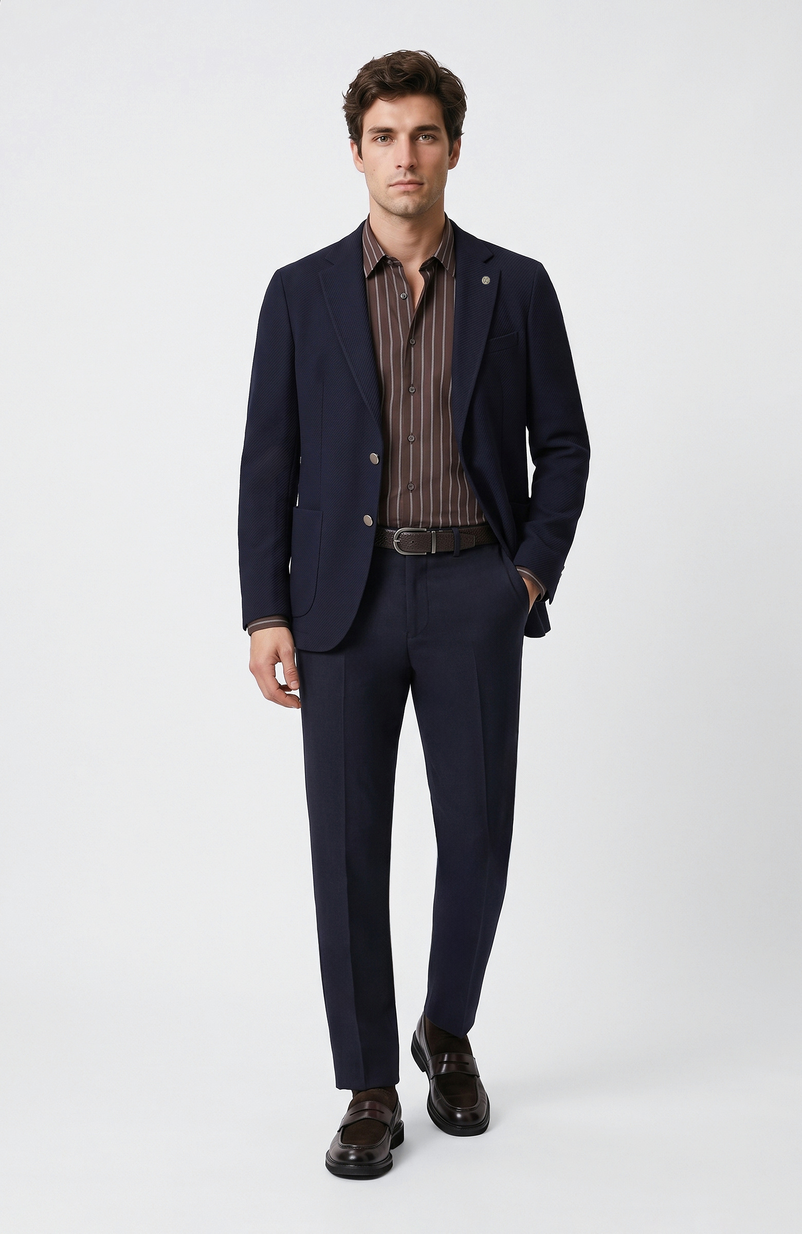 Slim Fit Acı Kahve Çizgili Gömlek