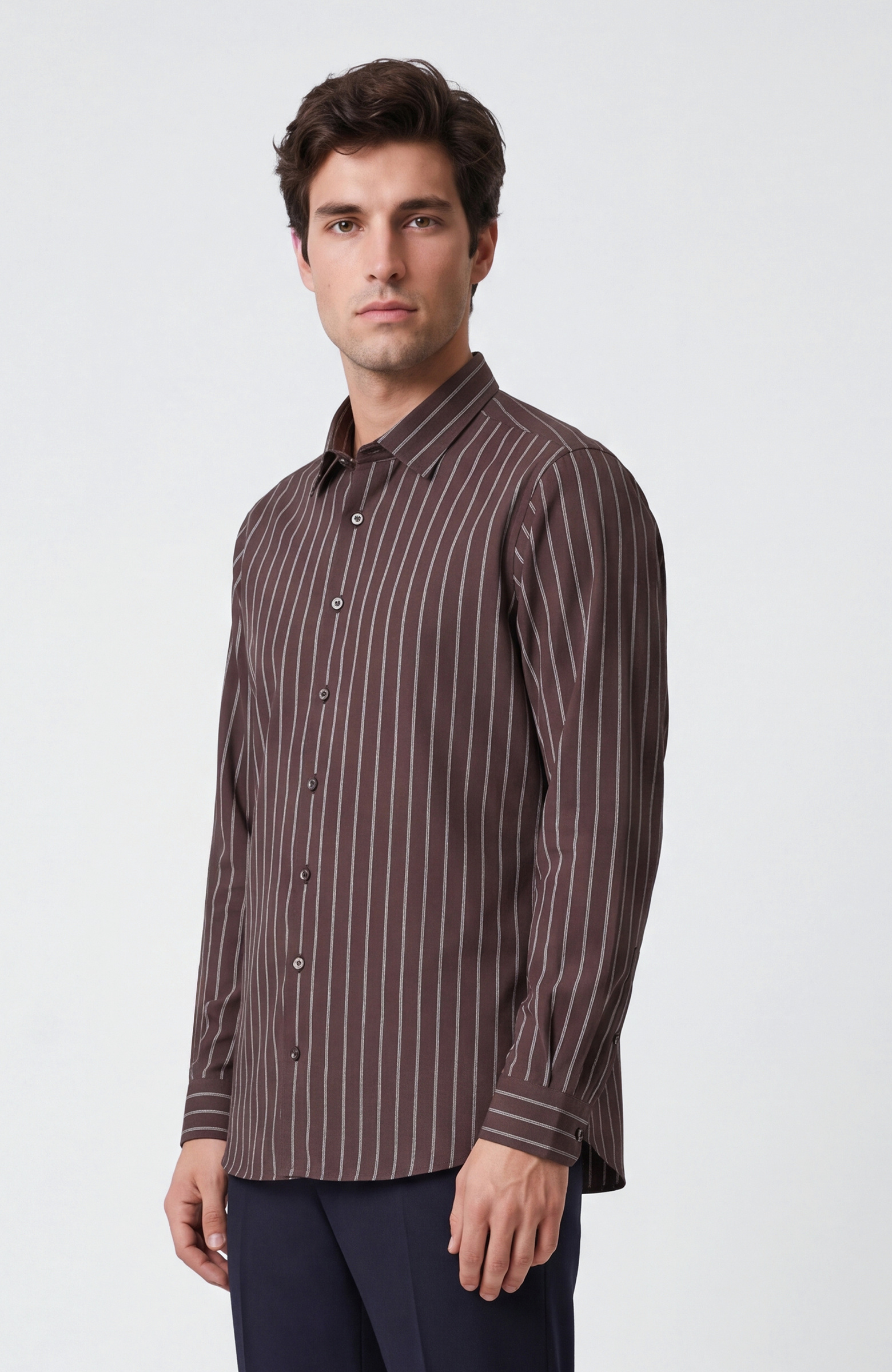 Slim Fit Acı Kahve Çizgili Gömlek