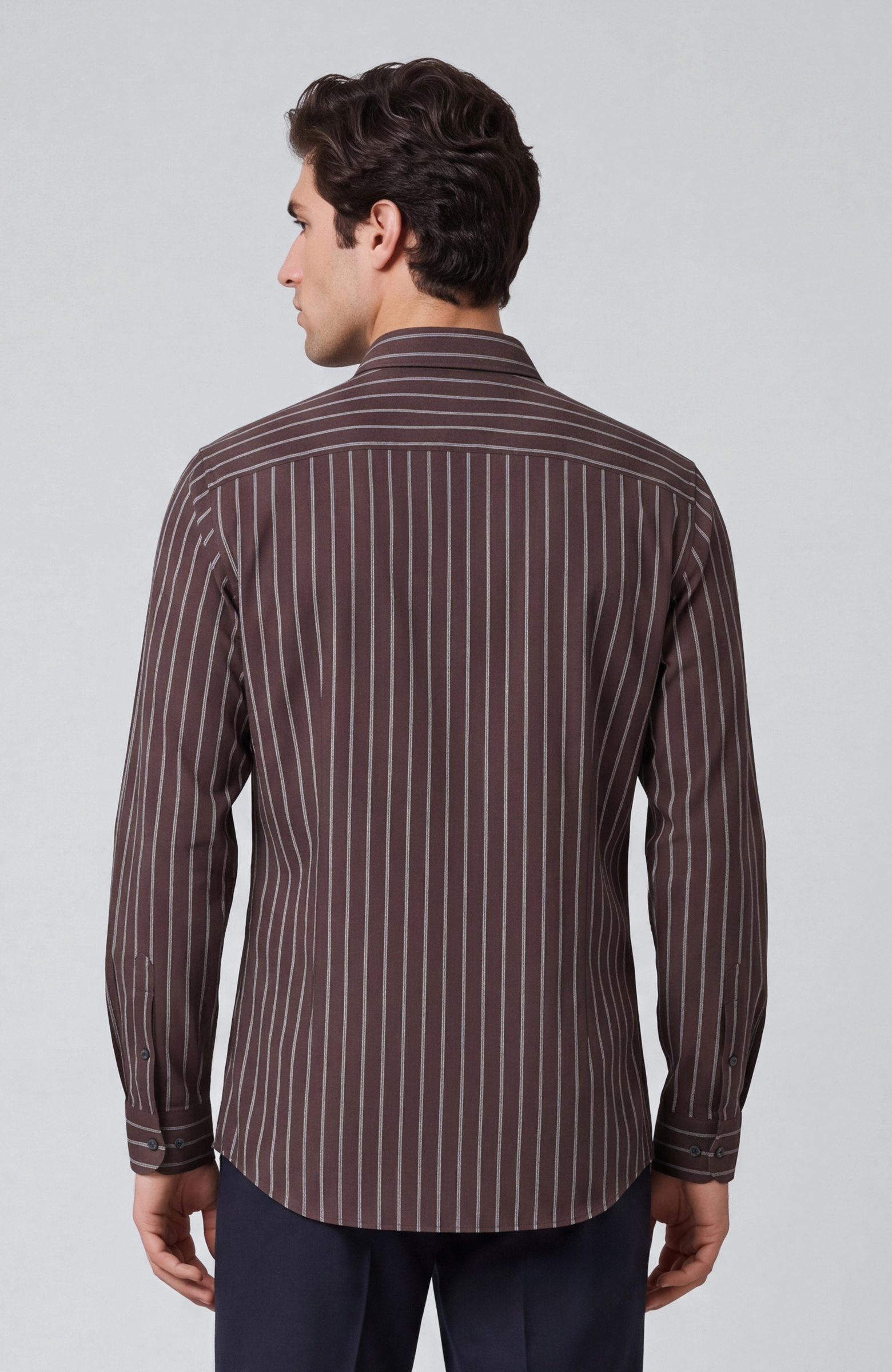 Slim Fit Acı Kahve Çizgili Gömlek