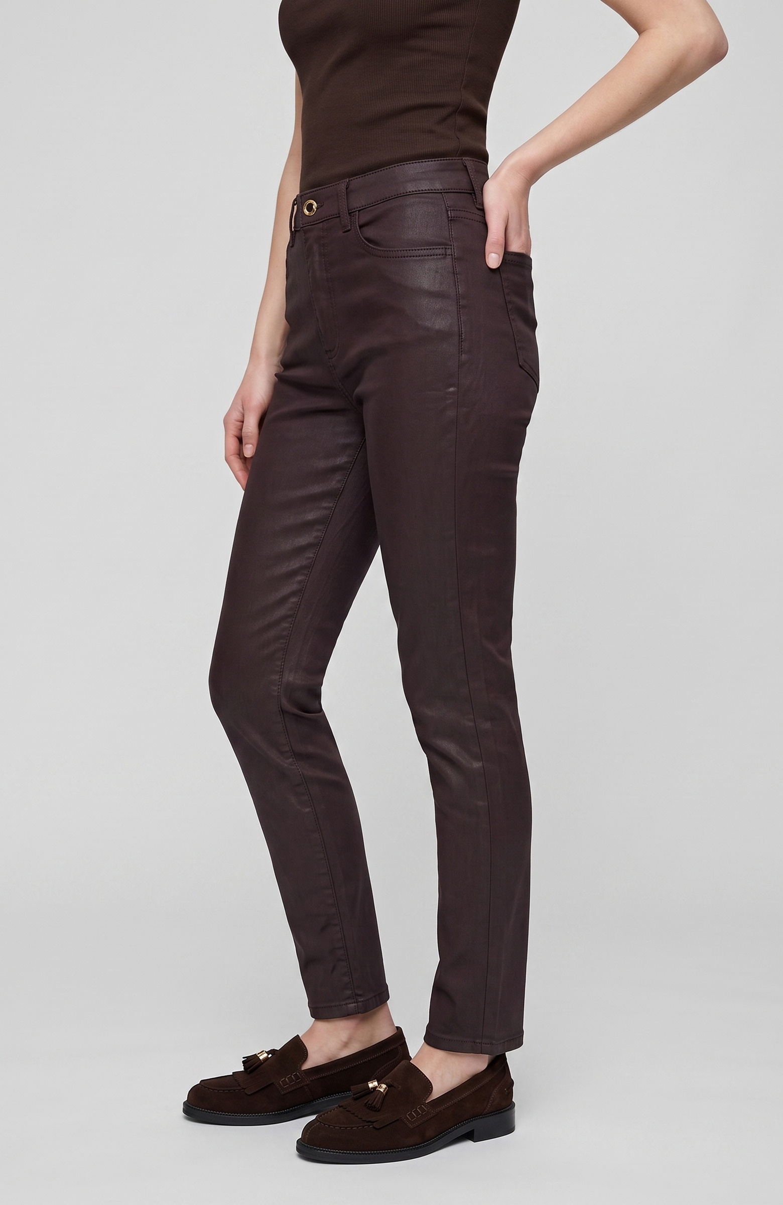 Mürdüm Kaplamalı Straight Kalıp Denim Pantolon