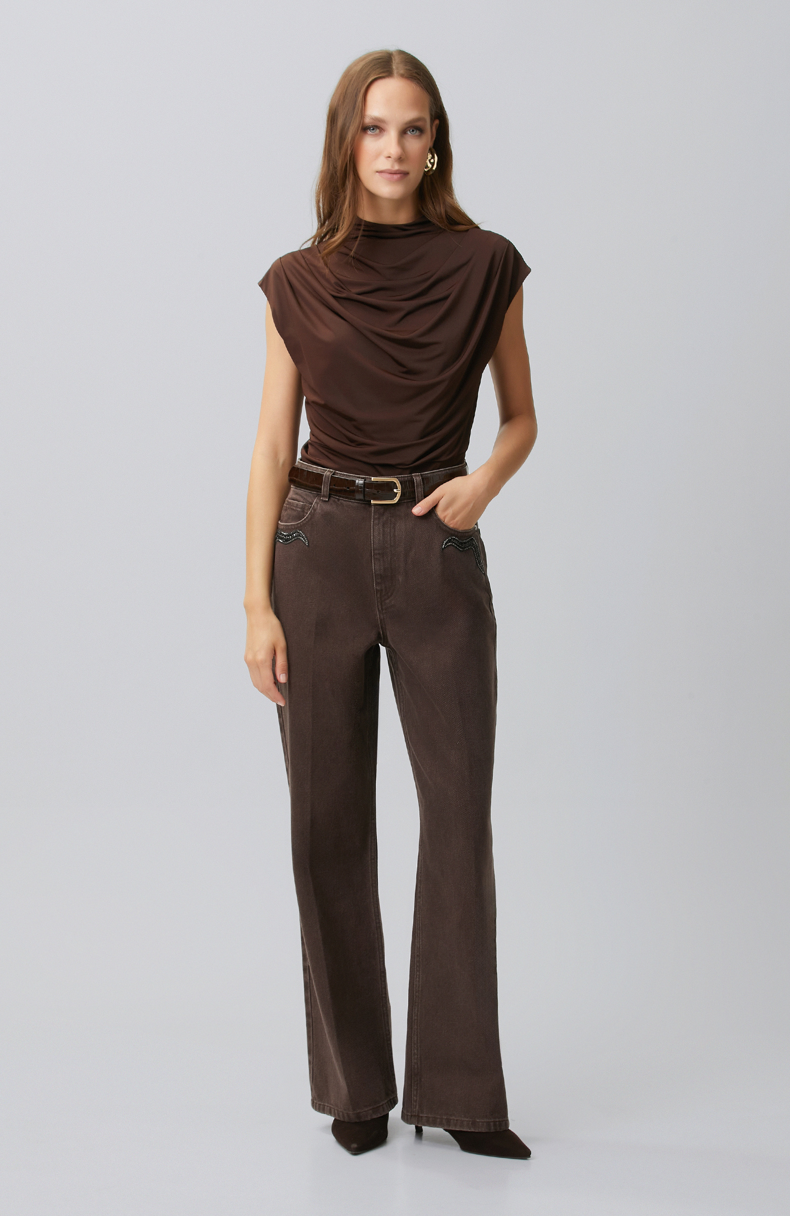 Acı Kahve Drape Detaylı Örme Bluz