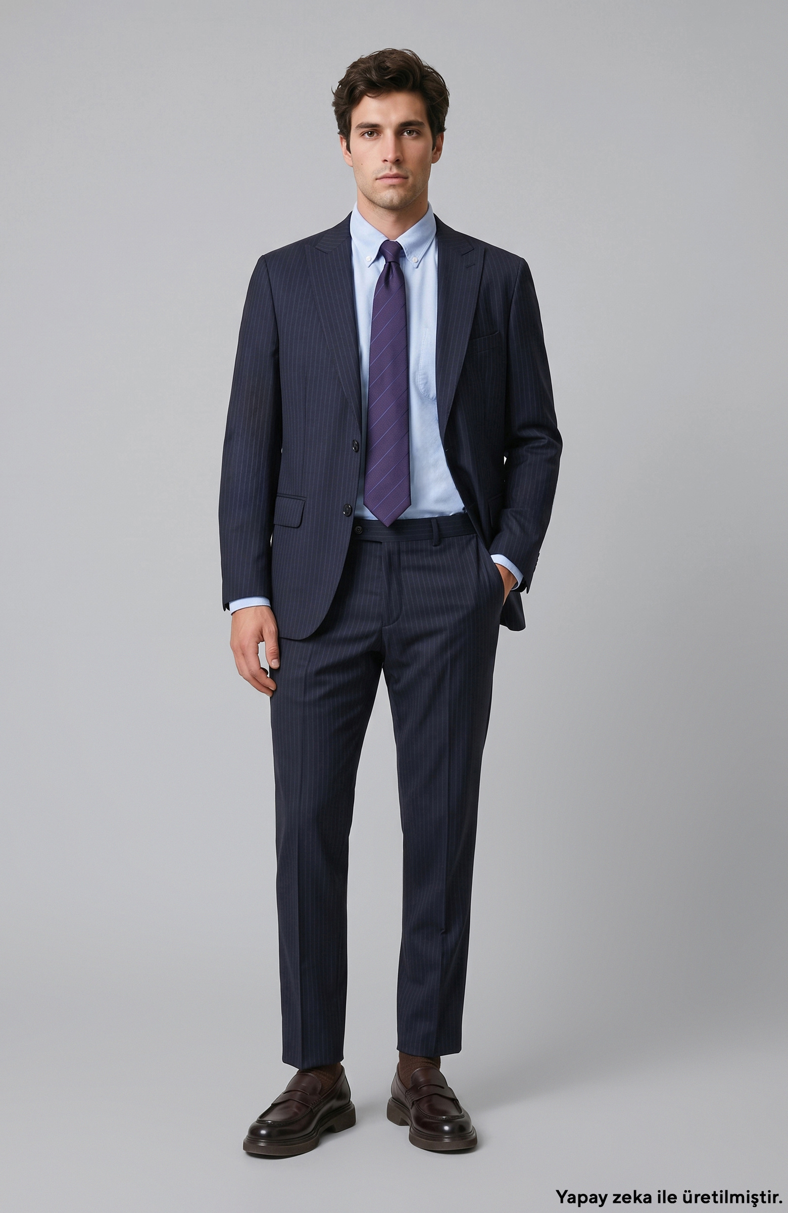 Lacivert Slim Fit Çizgili Yün Mix Takım Elbise