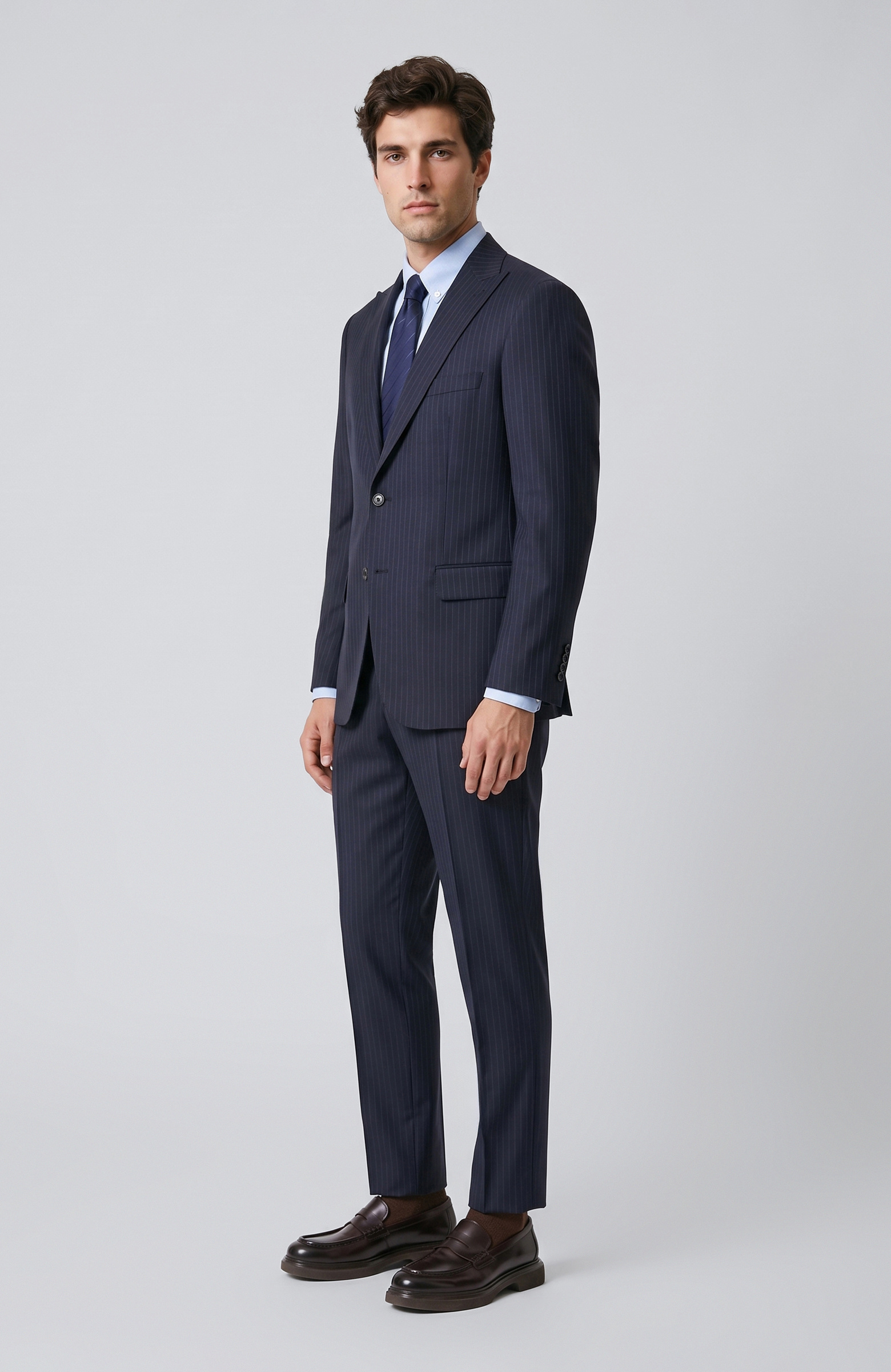 Lacivert Slim Fit Çizgili Yün Mix Takım Elbise