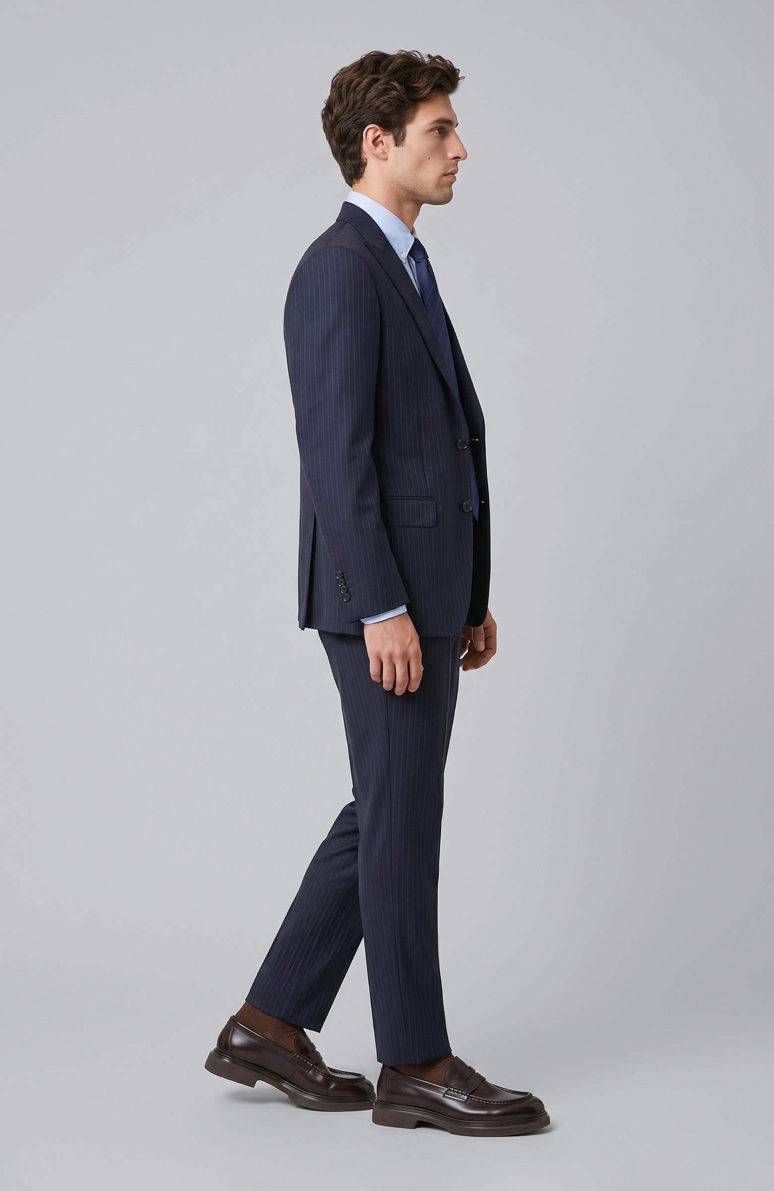 Lacivert Slim Fit Çizgili Yün Mix Takım Elbise