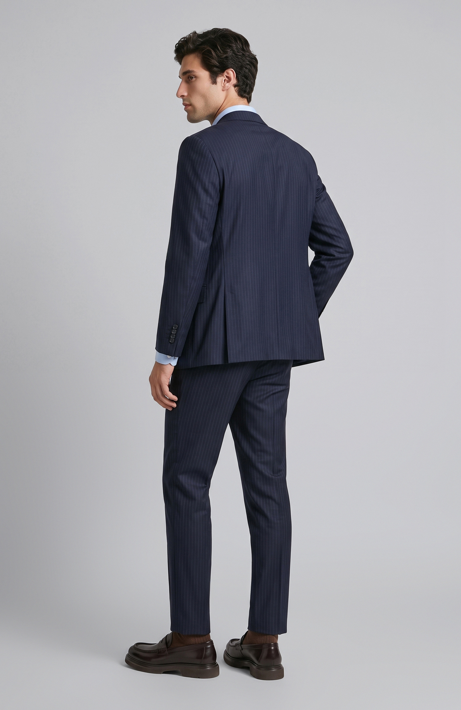 Lacivert Slim Fit Çizgili Yün Mix Takım Elbise