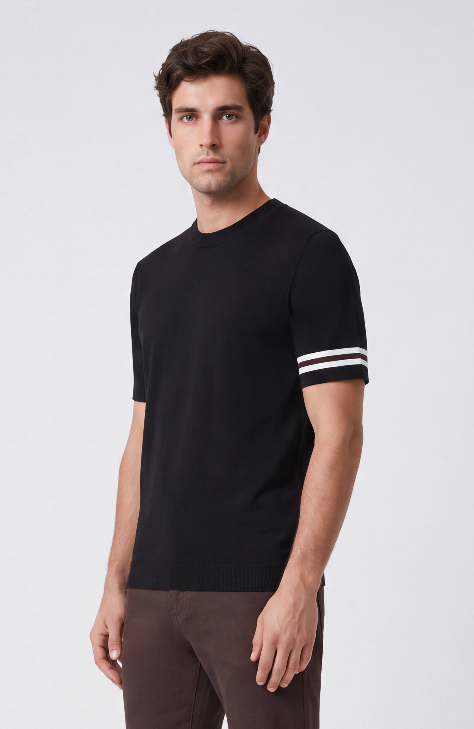 Black Sleeve Detail Block Patterned Short Sleeve Sweater