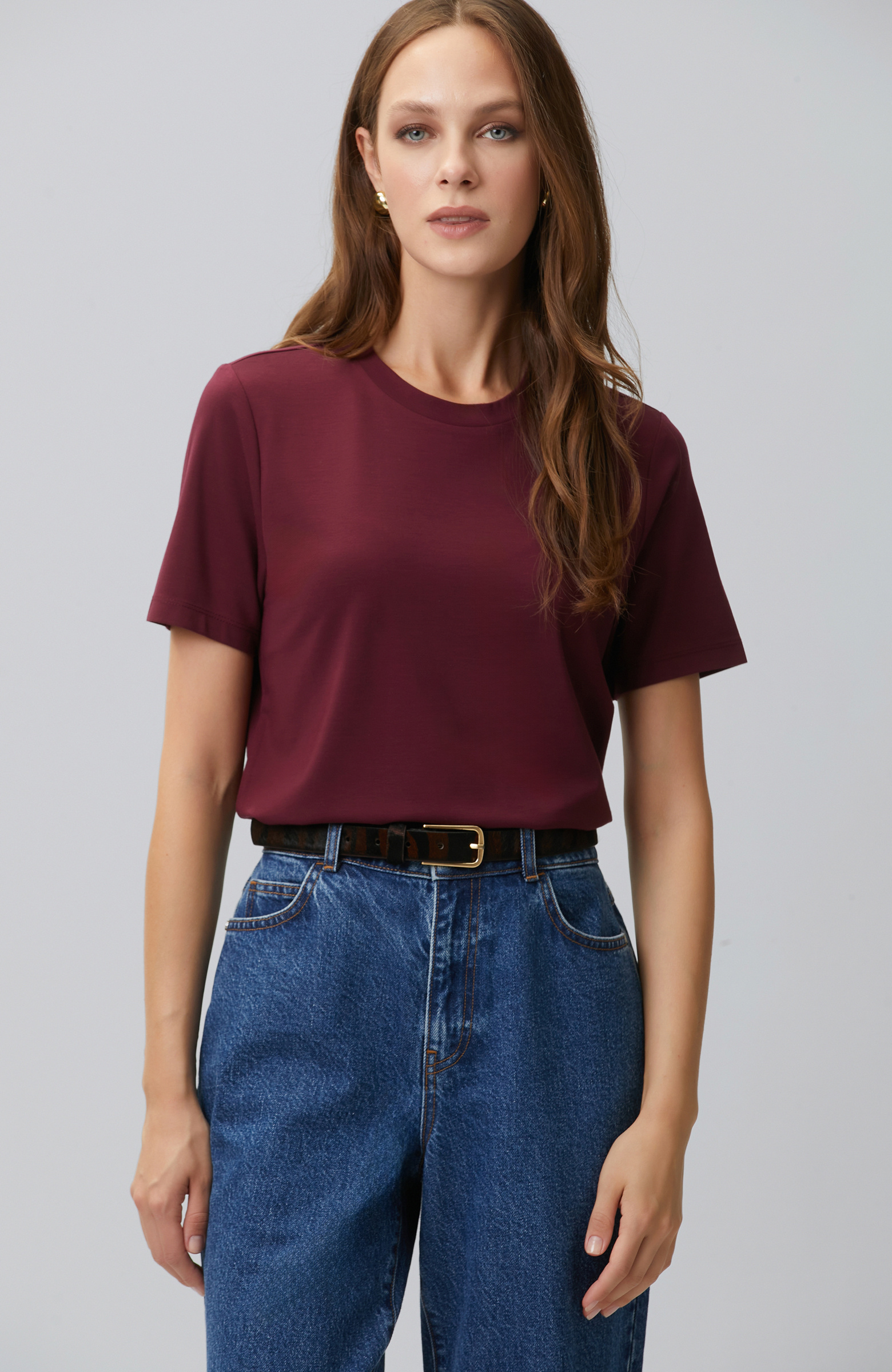Bordo Basic Bisiklet Yaka T-shirt