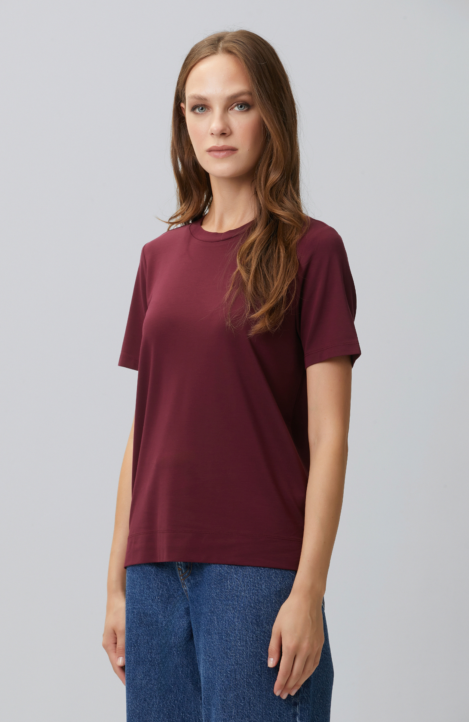 Bordo Basic Bisiklet Yaka T-shirt