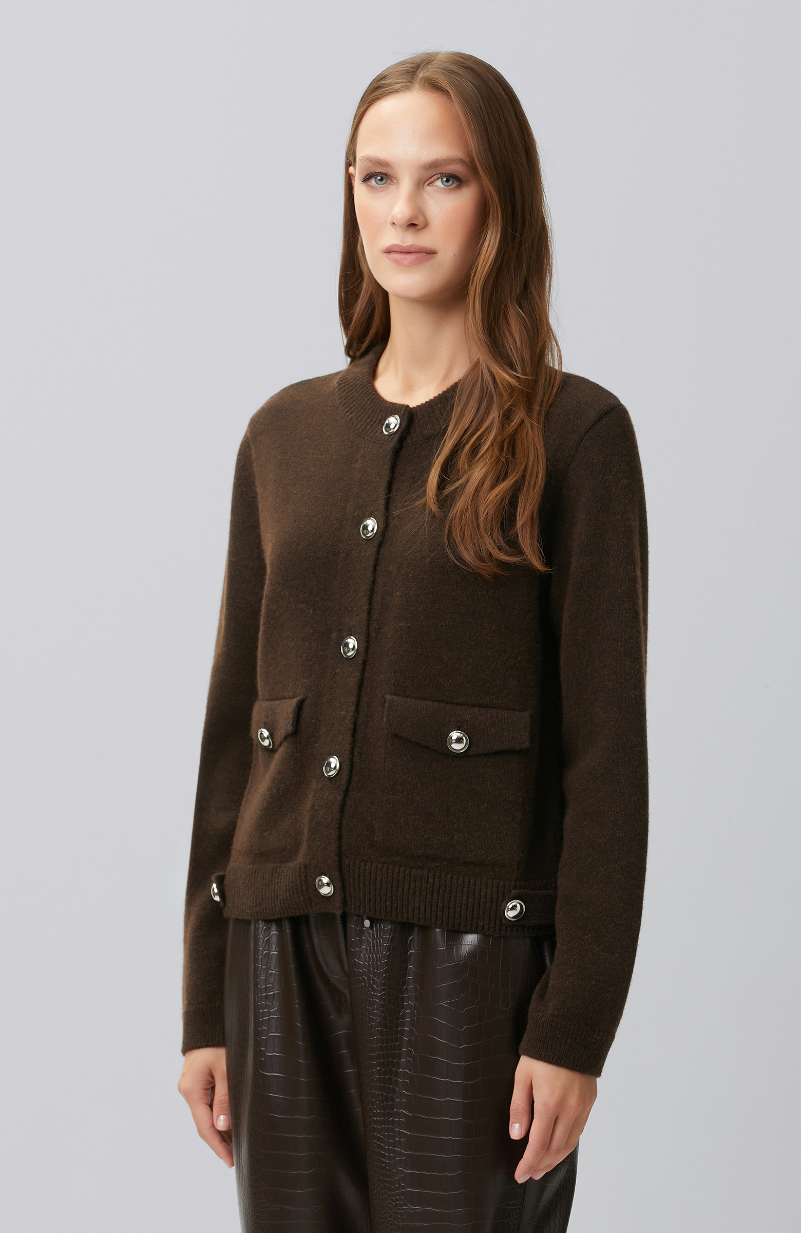 Regular Fit; Bisiklet Yaka; Cepli; Yün Karışımlı Triko Ceket