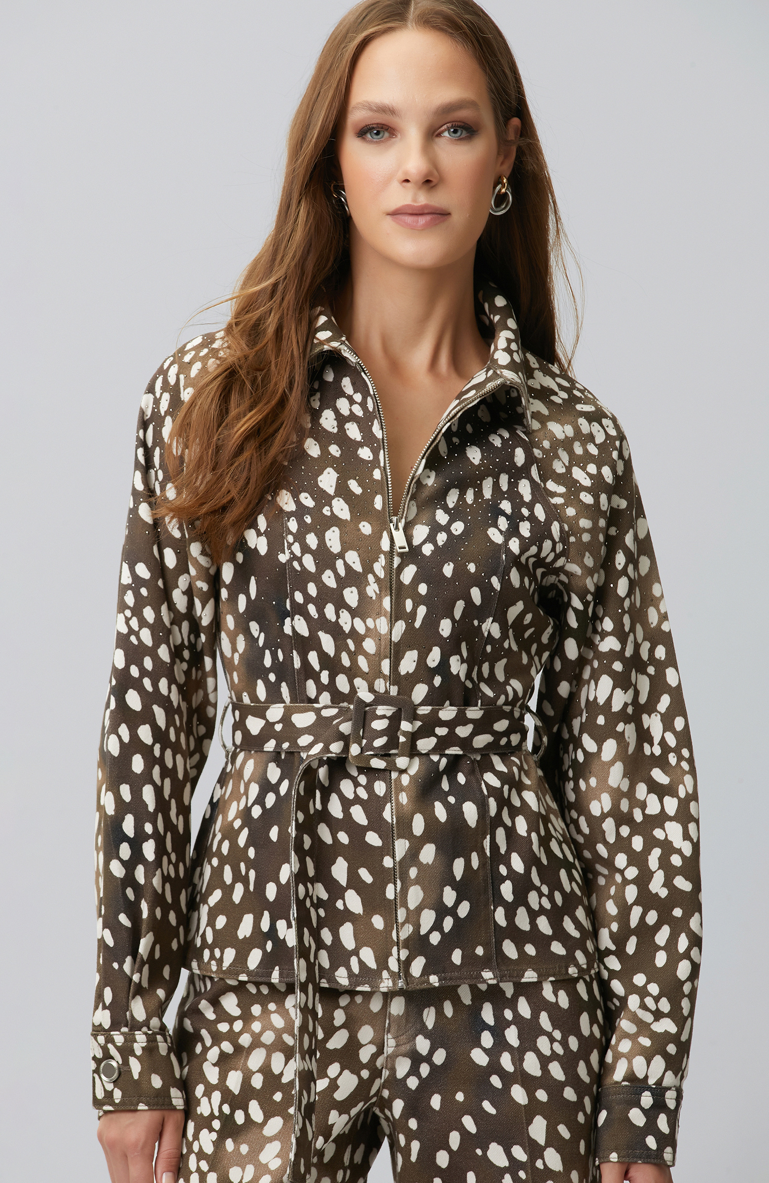 Bitter Brown Off White Animal Print Denim Jacket