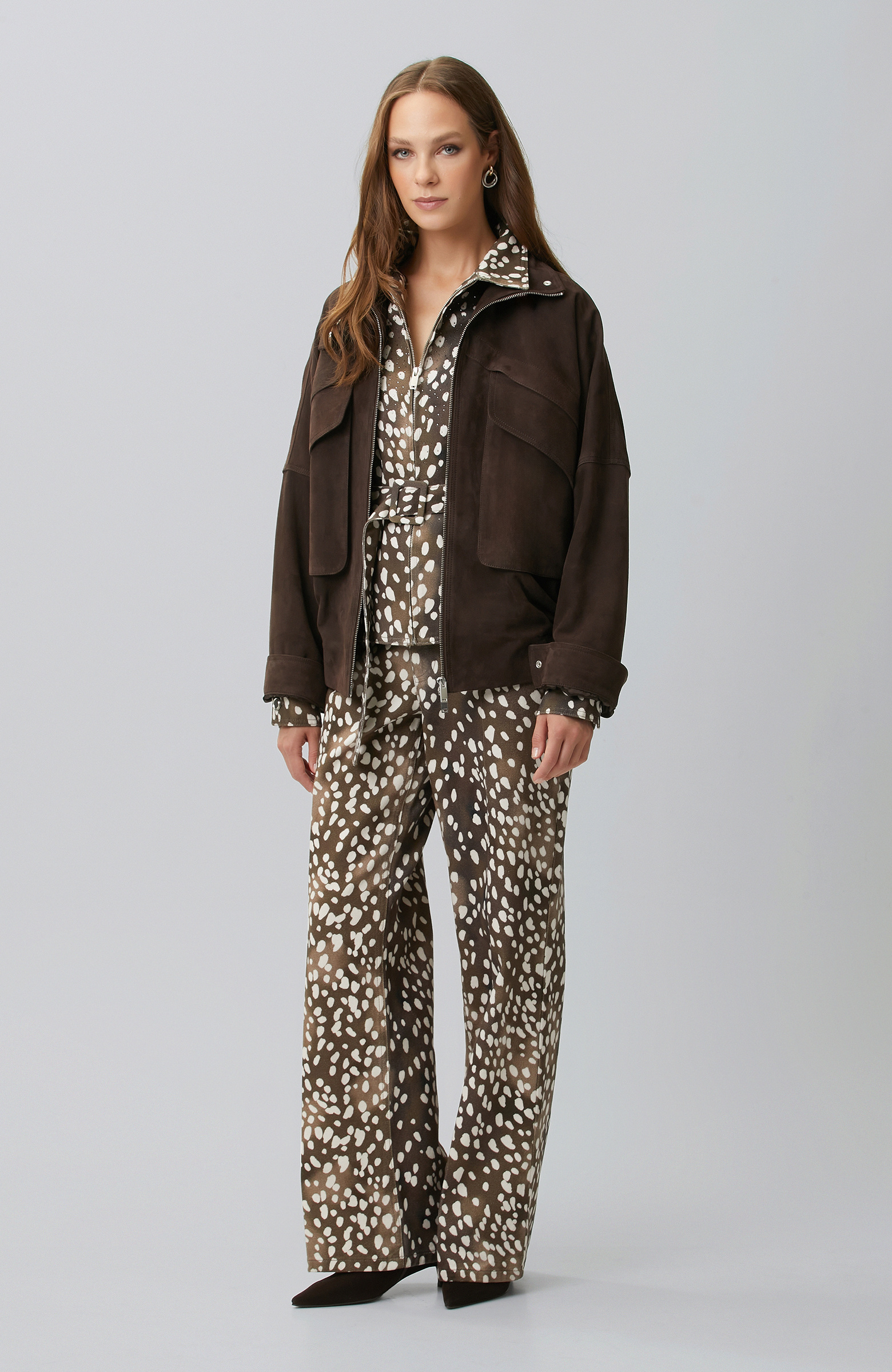 Bitter Brown Off White Animal Print Denim Jacket